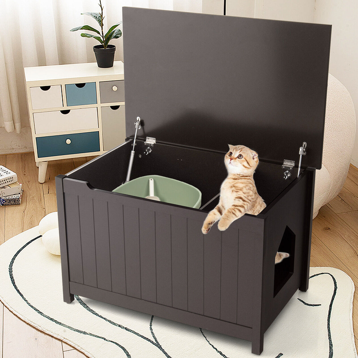 Wooden Cat Litter Box Enclosure with Top Opening Side Table-Brown-Cat Houses-DECOROLALA