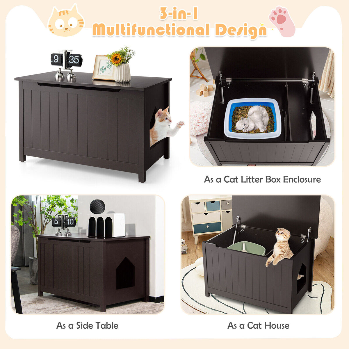 Wooden Cat Litter Box Enclosure with Top Opening Side Table-Brown-Cat Houses-DECOROLALA