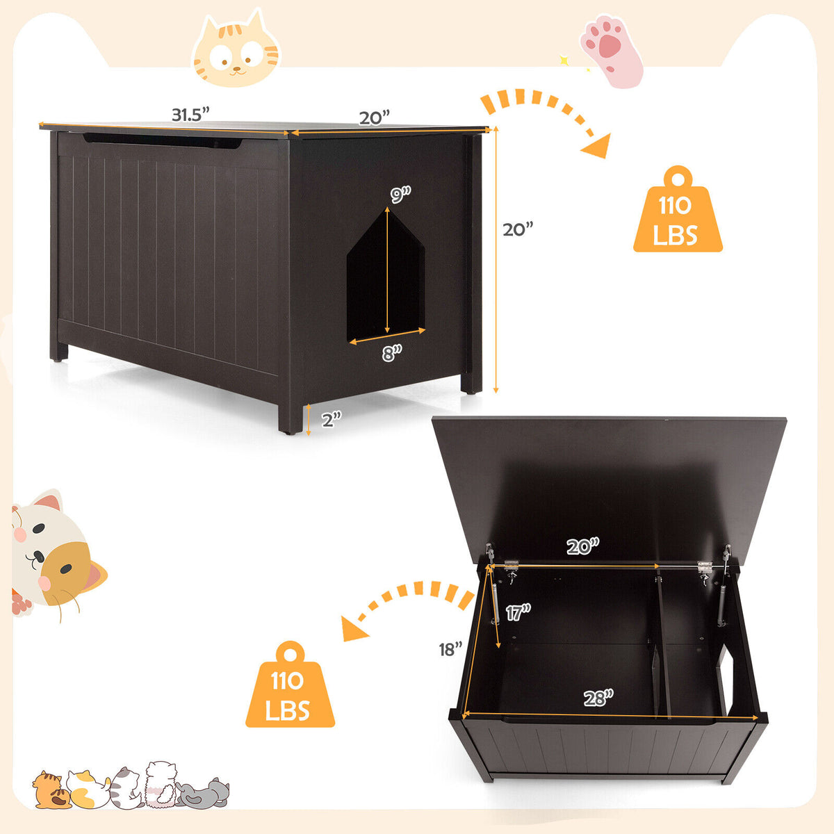 Wooden Cat Litter Box Enclosure with Top Opening Side Table-Brown-Cat Houses-DECOROLALA