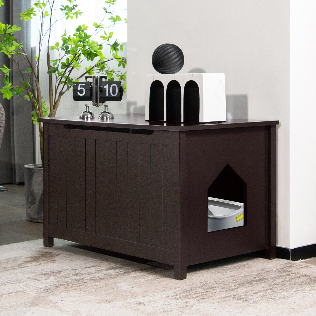 Wooden Cat Litter Box Enclosure with Top Opening Side Table-Brown-Cat Houses-DECOROLALA