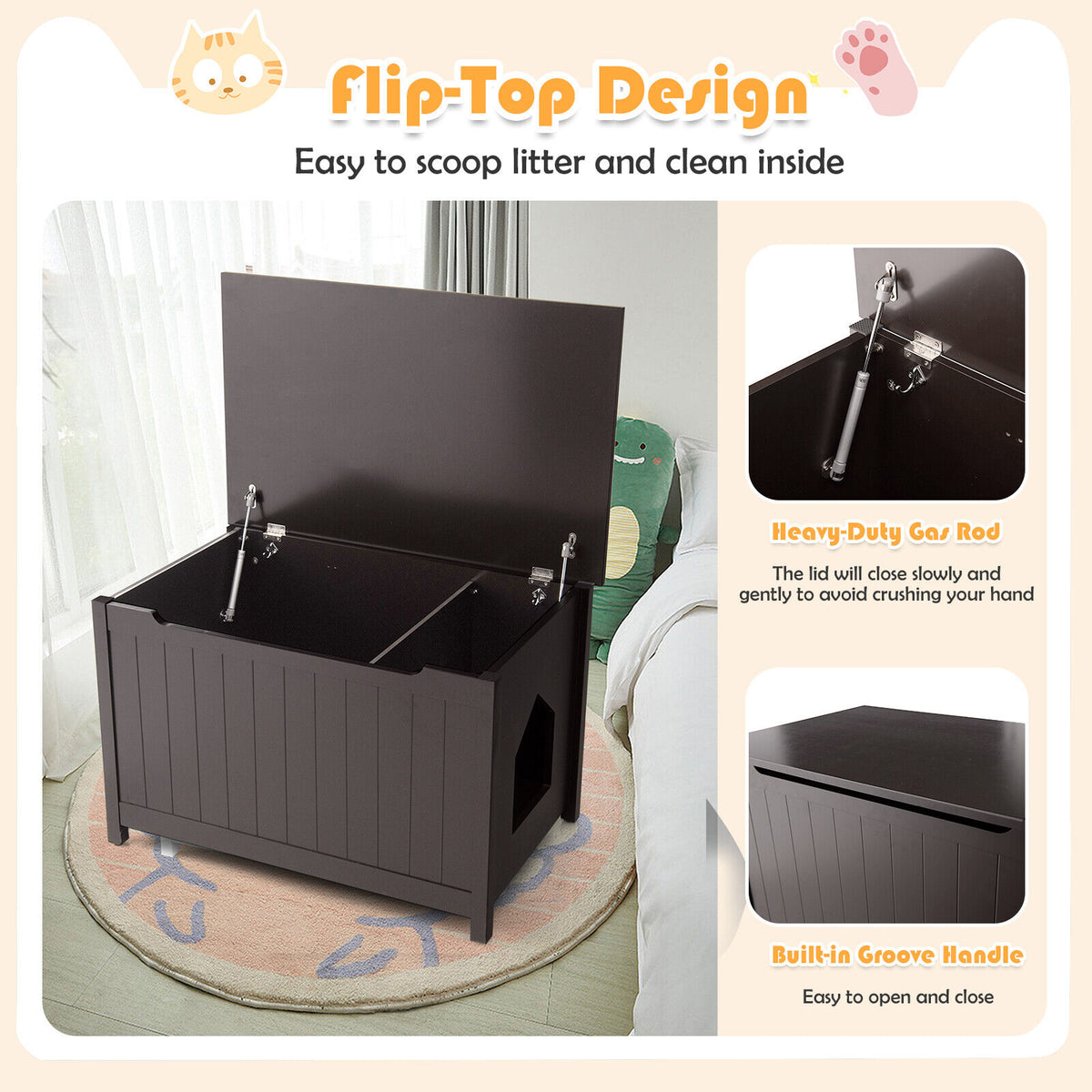 Wooden Cat Litter Box Enclosure with Top Opening Side Table-Brown-Cat Houses-DECOROLALA