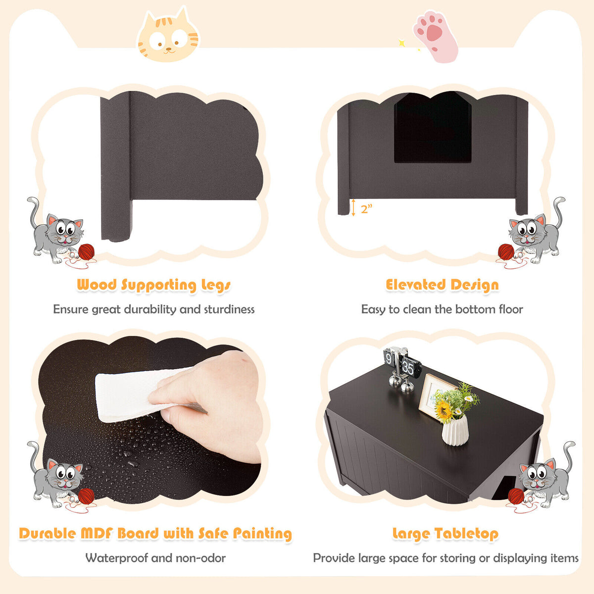 Wooden Cat Litter Box Enclosure with Top Opening Side Table-Brown-Cat Houses-DECOROLALA