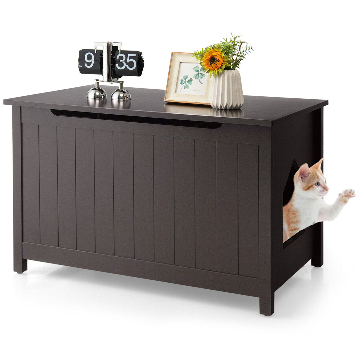 Wooden Cat Litter Box Enclosure with Top Opening Side Table-Brown-Cat Houses-DECOROLALA