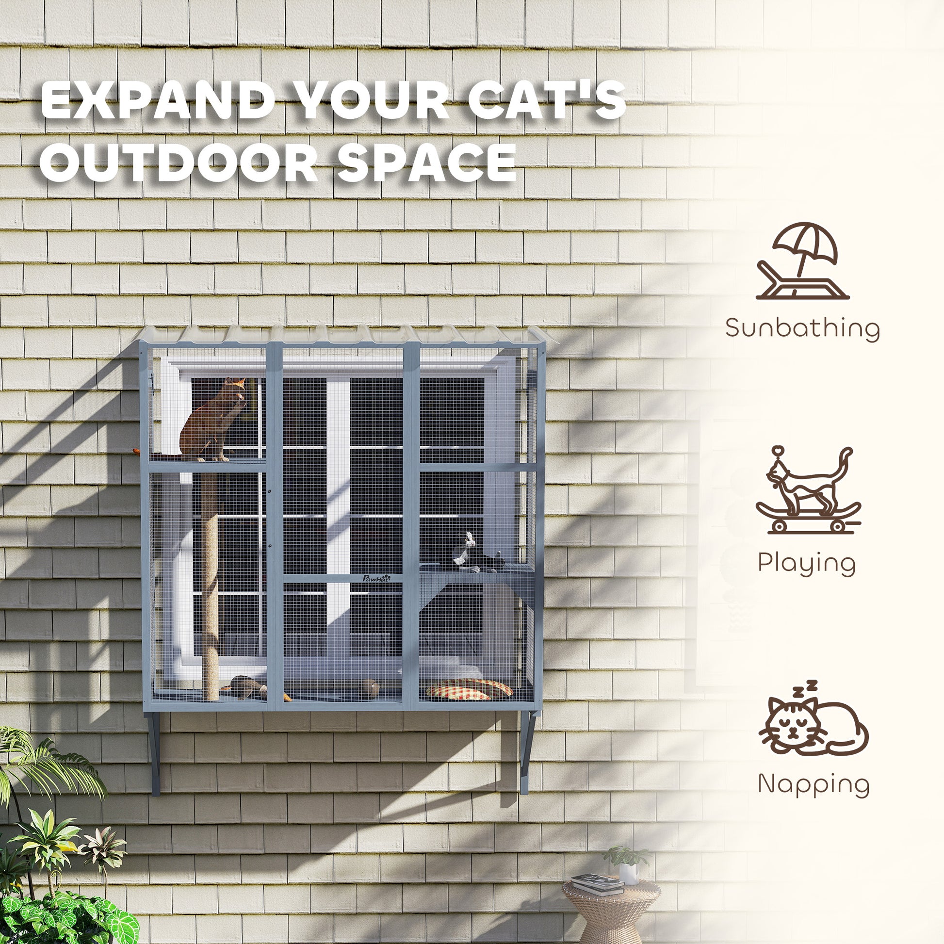 Wooden Catio Cat Window Enclosure - Grey 2-3 Cats-DECOROLALA