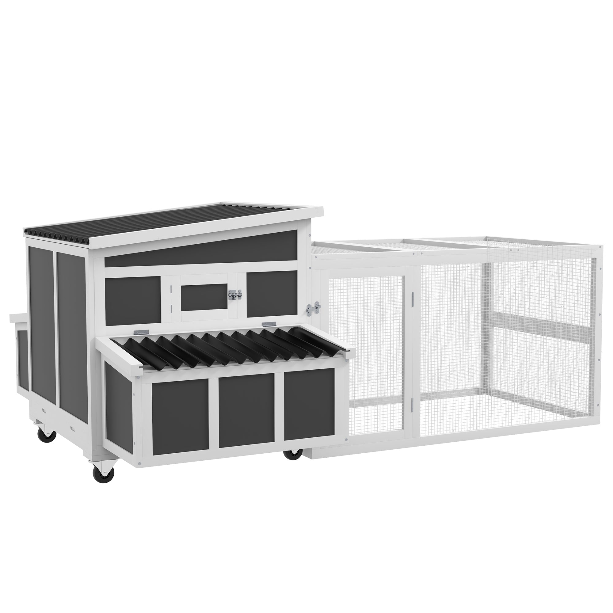 Wooden Chicken Coop, Rabbit Hutch with Large Run, Outdoor Poultry Cage with Nesting Box, Tray, Windows, Dark Grey-Small Animals-DECOROLALA