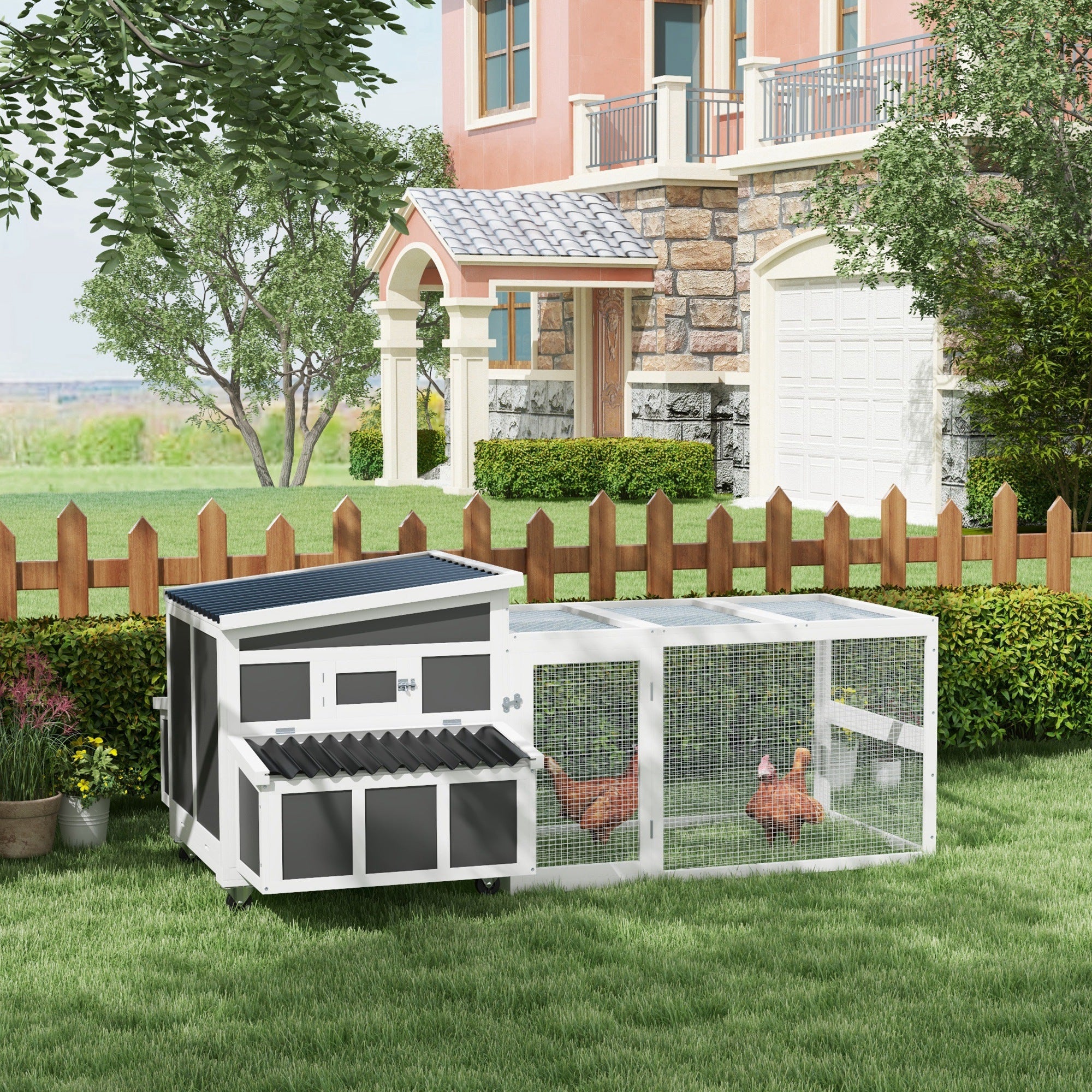Wooden Chicken Coop with Large Run & Nesting Box - Dark Grey-Small Animals-DECOROLALA