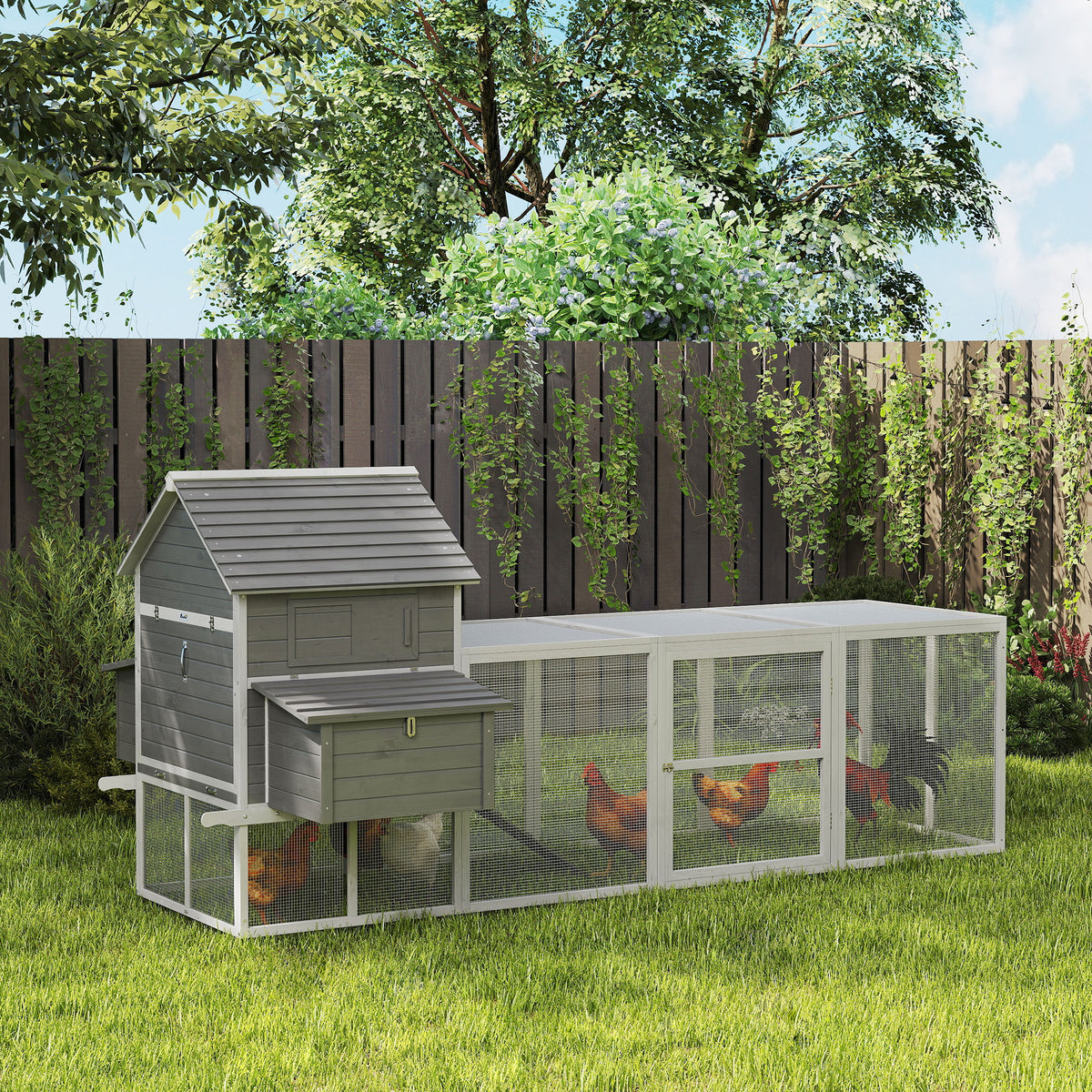 Wooden Chicken Coop with Nesting Box and Run - Grey Fir Wood-Small Animals-DECOROLALA