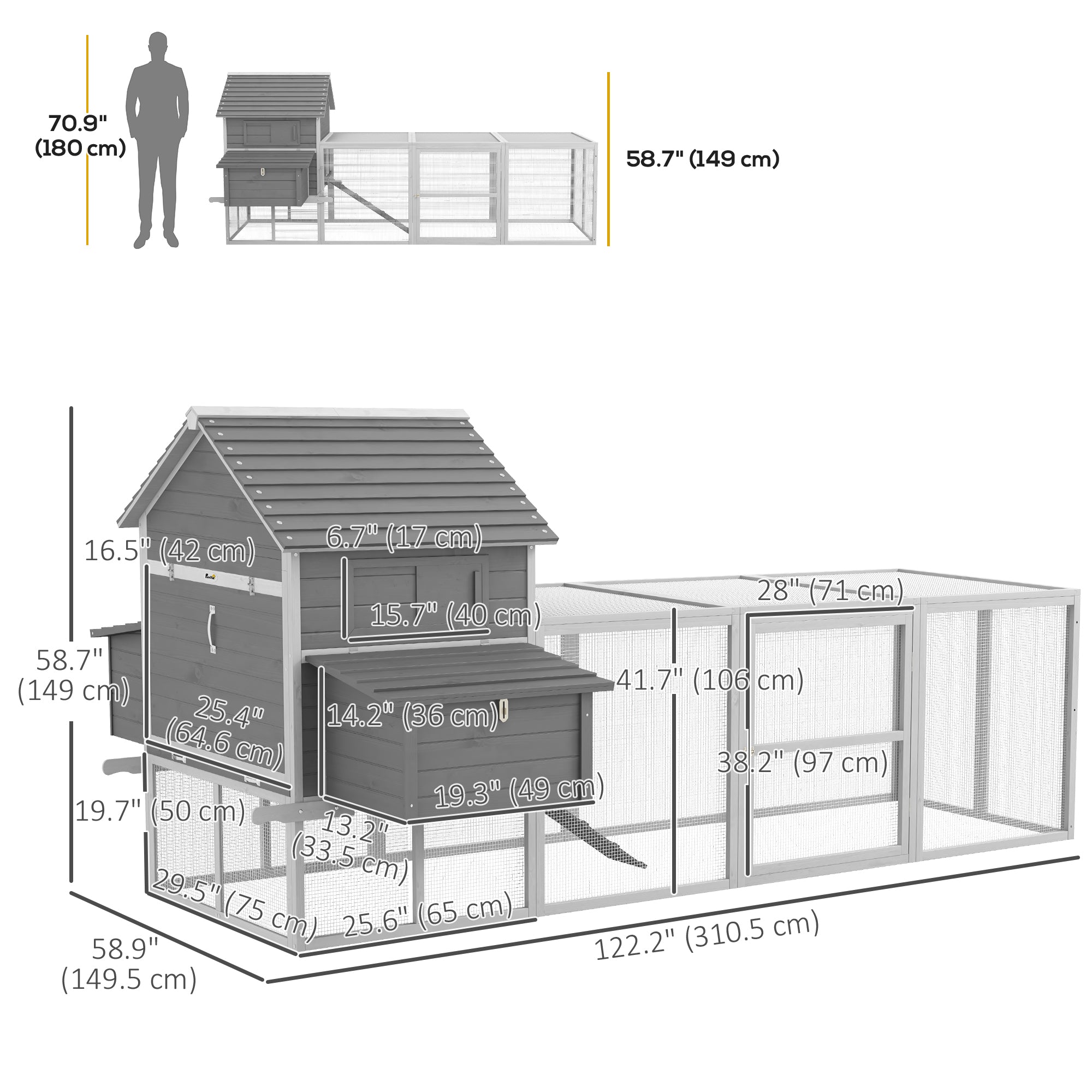 Wooden Chicken Coop with Nesting Boxes, Run, Doors, Tray, Ramp for 4-6 Chickens-Small Animals-DECOROLALA