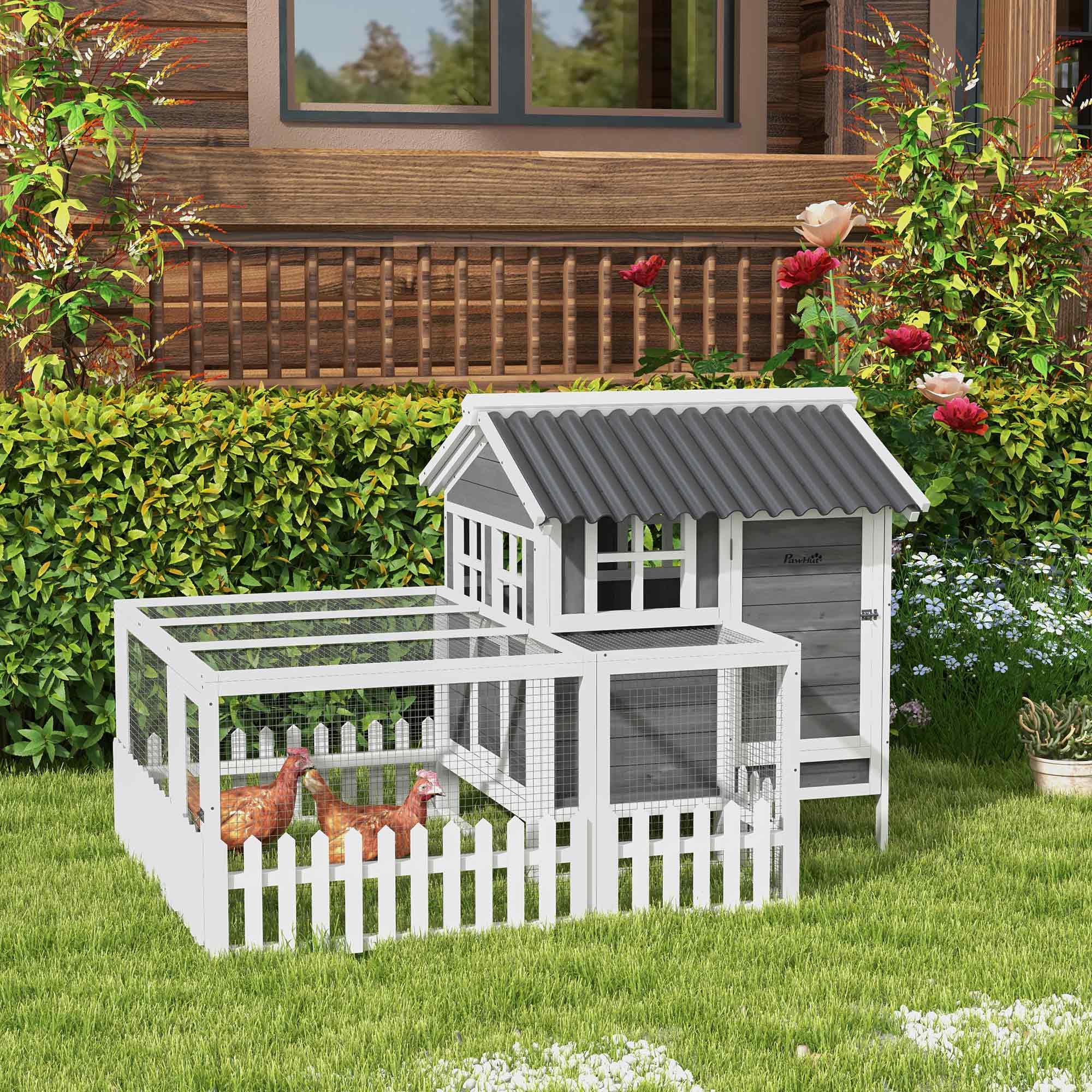 Wooden Chicken Coop with Run - Charcoal Grey Fir Wood 68" W-Small Animals-DECOROLALA