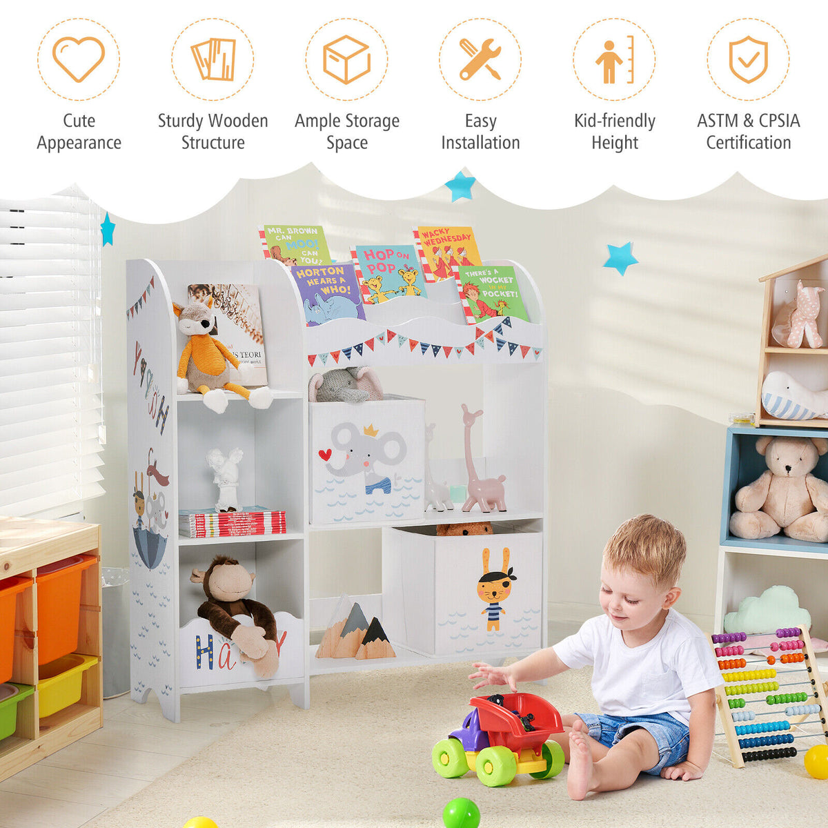 Wooden Children Storage Cabinet with Storage Bins-Kids Storage-DECOROLALA