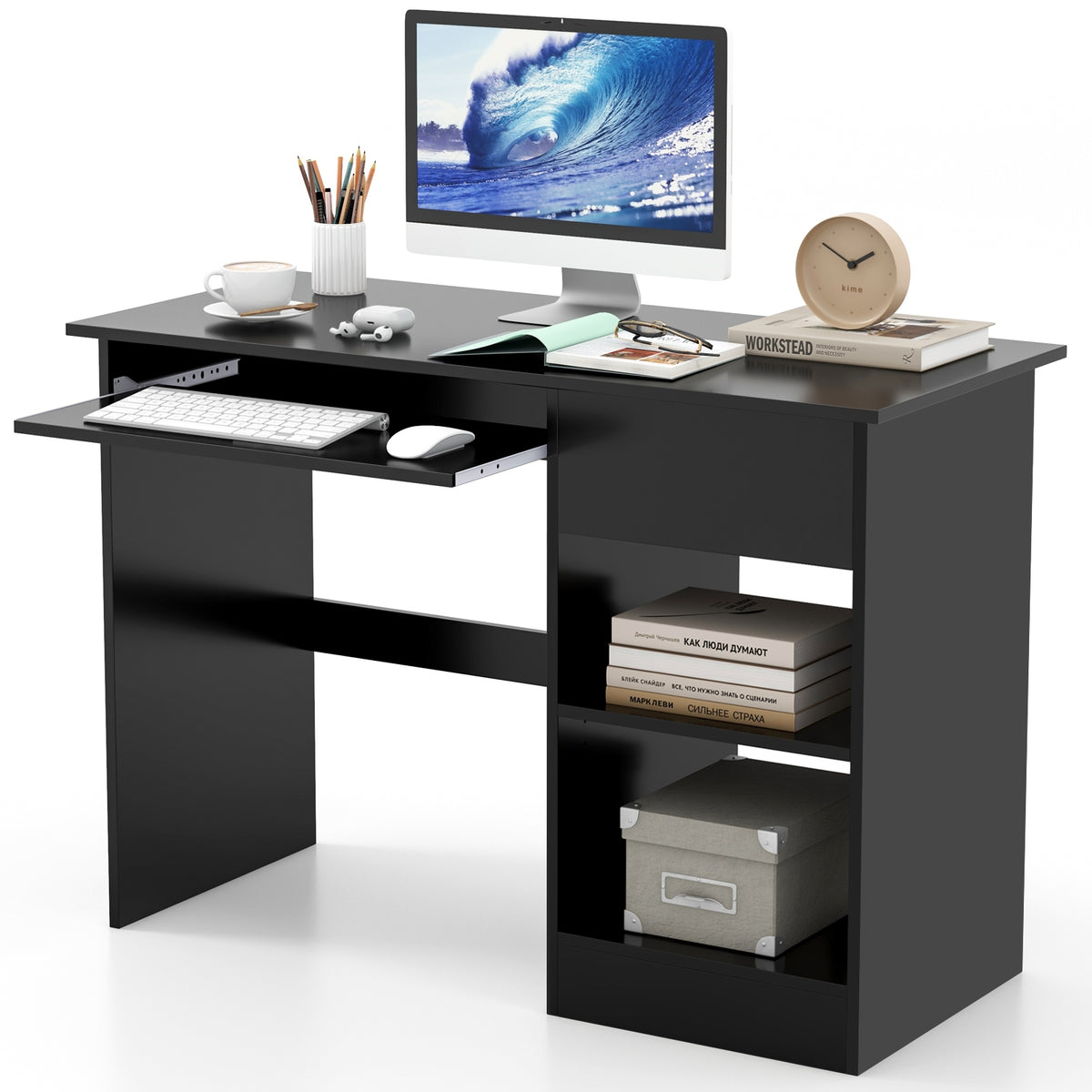 Wooden Computer Desk with CPU Stand-Black-Computer Desks-DECOROLALA
