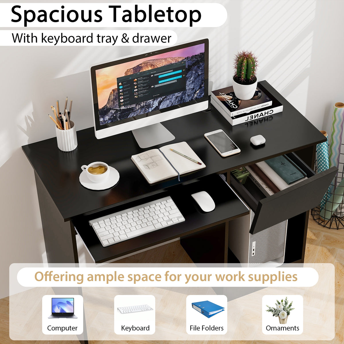 Wooden Computer Desk with CPU Stand-Black-Computer Desks-DECOROLALA