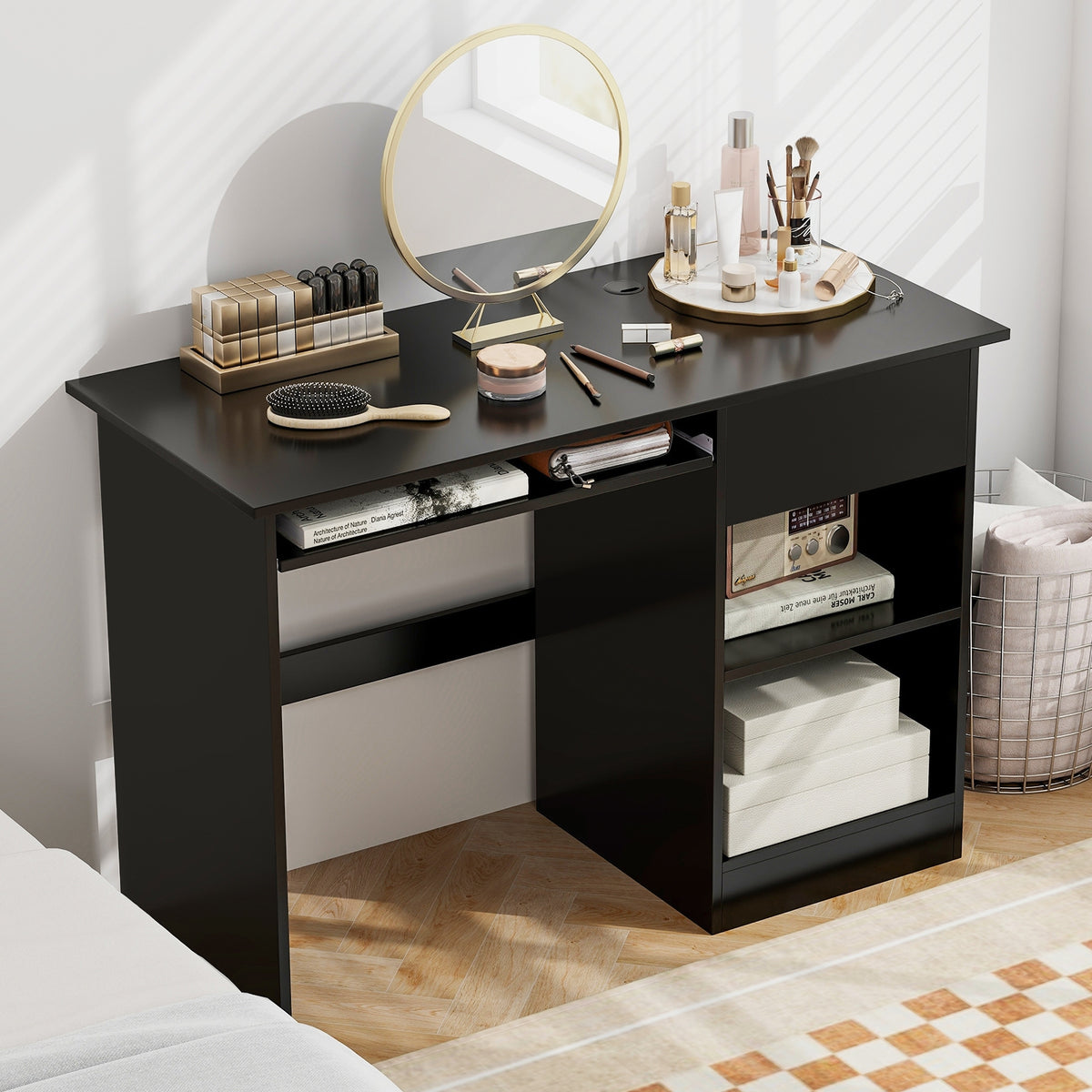 Wooden Computer Desk with CPU Stand-Black-Computer Desks-DECOROLALA