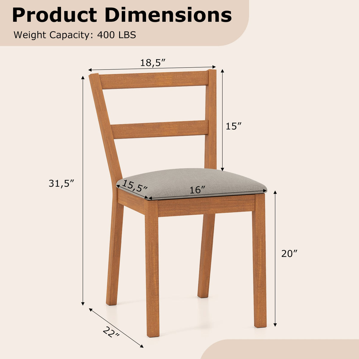 Wooden Dining Chair Set of 2 Farmhouse Kitchen Chair with Upholstered Seat-Brown-Dining Chairs-DECOROLALA