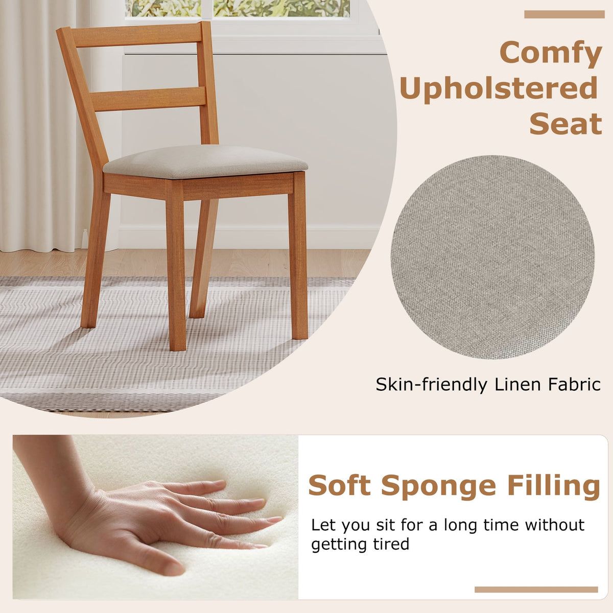 Wooden Dining Chair Set of 2 Farmhouse Kitchen Chair with Upholstered Seat-Brown-Dining Chairs-DECOROLALA
