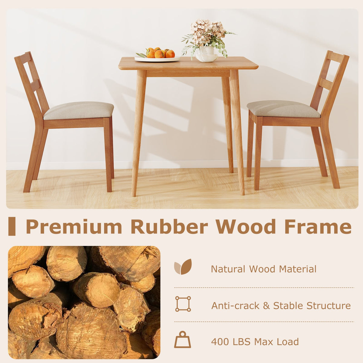 Wooden Dining Chair Set of 2 Farmhouse Kitchen Chair with Upholstered Seat-Brown-Dining Chairs-DECOROLALA