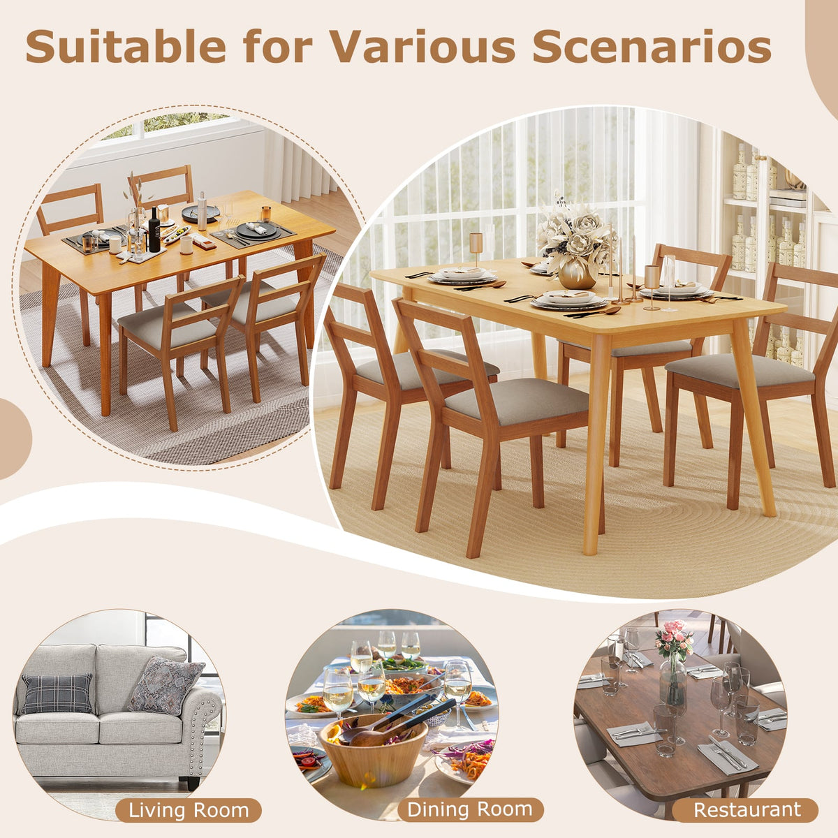 Wooden Dining Chair Set of 2 Farmhouse Kitchen Chair with Upholstered Seat-Brown-Dining Chairs-DECOROLALA