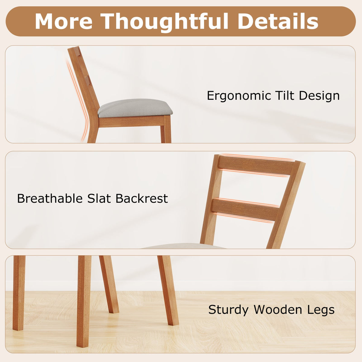 Wooden Dining Chair Set of 2 Farmhouse Kitchen Chair with Upholstered Seat-Brown-Dining Chairs-DECOROLALA