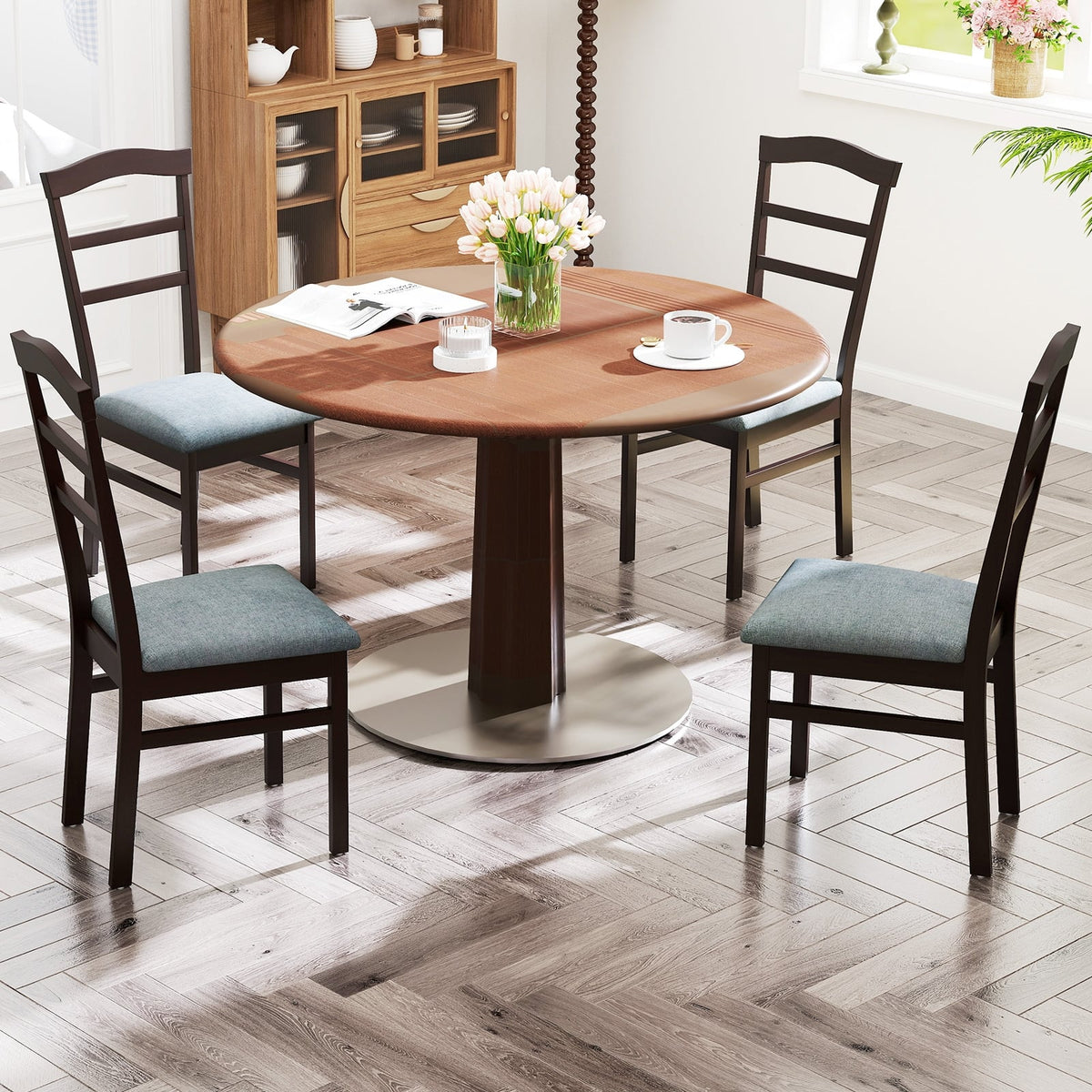 Wooden Dining Chair Set of 2 Linen Fabric Upholstered Kitchen Chairs Farmhouse Side Accent Chairs-Dining Chairs-DECOROLALA