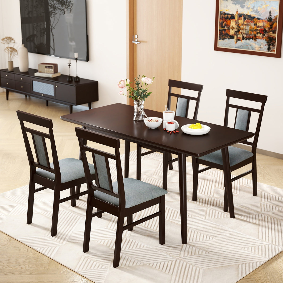 Wooden Dining Chair Set of 2 Linen Fabric Upholstered Kitchen Chairs with Rubber Wood Frame-Dining Chairs-DECOROLALA
