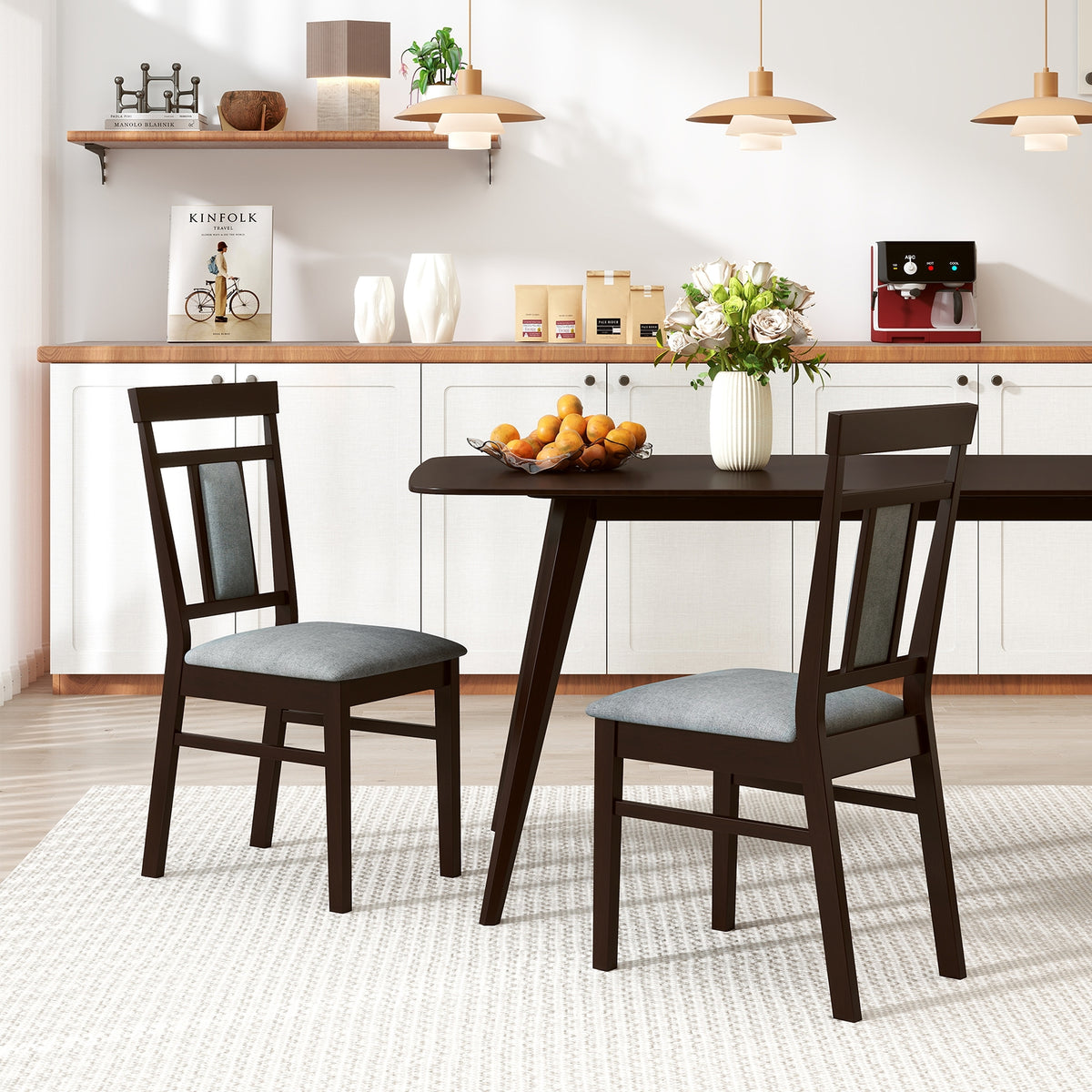 Wooden Dining Chair Set of 2 Linen Fabric Upholstered Kitchen Chairs with Rubber Wood Frame-Dining Chairs-DECOROLALA