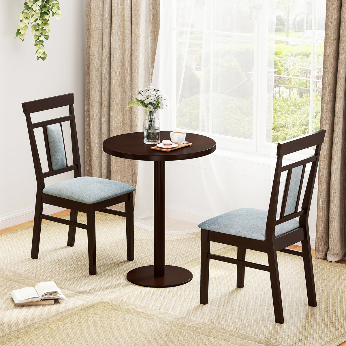 Wooden Dining Chair Set of 2 Linen Fabric Upholstered Kitchen Chairs with Rubber Wood Frame-Dining Chairs-DECOROLALA