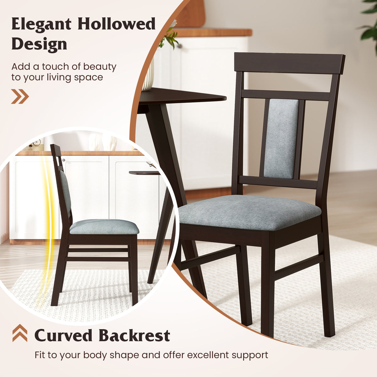 Wooden Dining Chair Set of 2 Linen Fabric Upholstered Kitchen Chairs with Rubber Wood Frame-Dining Chairs-DECOROLALA