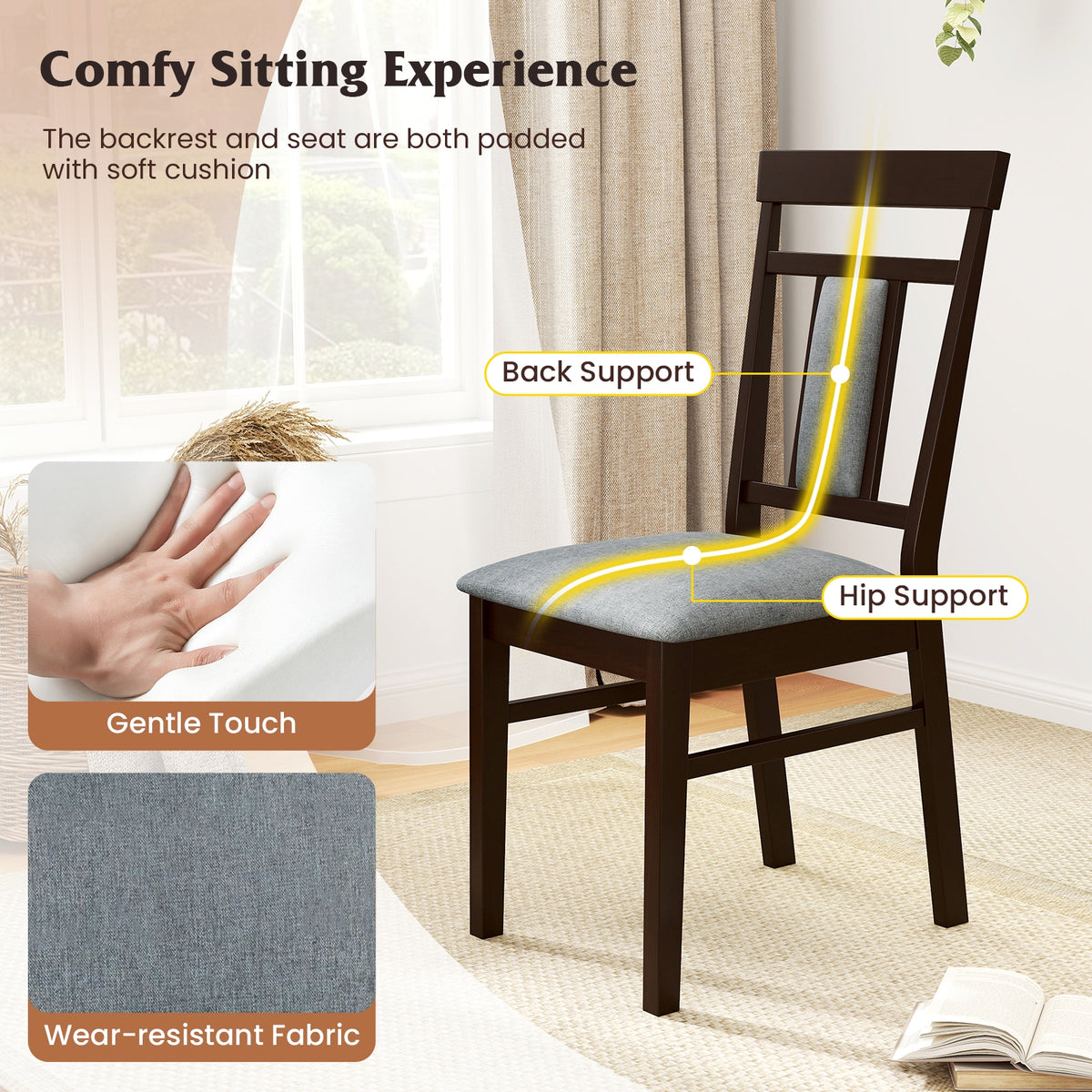 Wooden Dining Chair Set of 2 Linen Fabric Upholstered Kitchen Chairs with Rubber Wood Frame-Dining Chairs-DECOROLALA