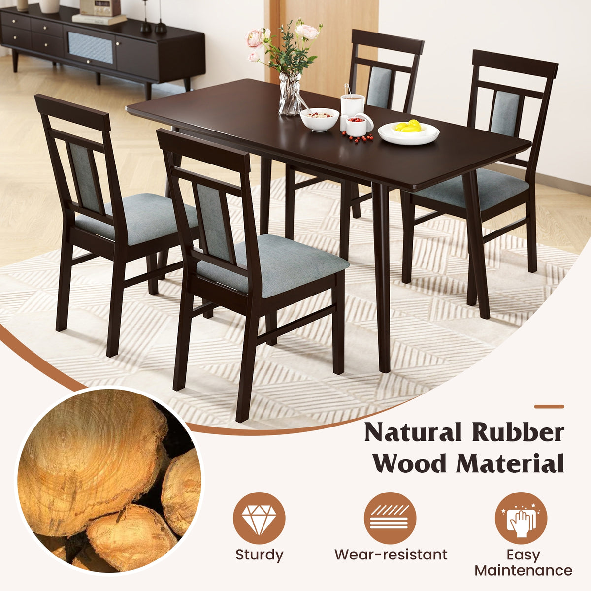 Wooden Dining Chair Set of 2 Linen Fabric Upholstered Kitchen Chairs with Rubber Wood Frame-Dining Chairs-DECOROLALA