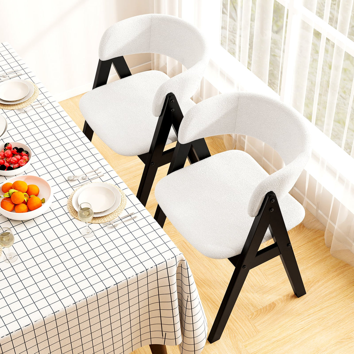 Wooden Dining Chair Set of 2 Mid-Century Modern Sherpa Upholstered Kitchen Dining Room Chairs-Black-Dining Chairs-DECOROLALA