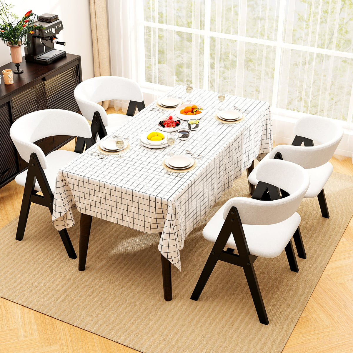 Wooden Dining Chair Set of 2 Mid-Century Modern Sherpa Upholstered Kitchen Dining Room Chairs-Black-Dining Chairs-DECOROLALA