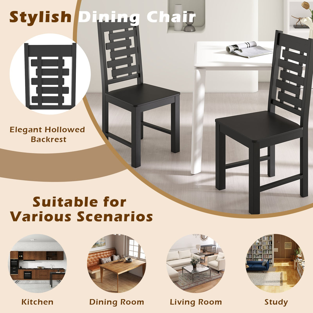 Wooden Dining Chair Set of 2 Solid Rubber Wood Kitchen Chairs-Black-Dining Chairs-DECOROLALA