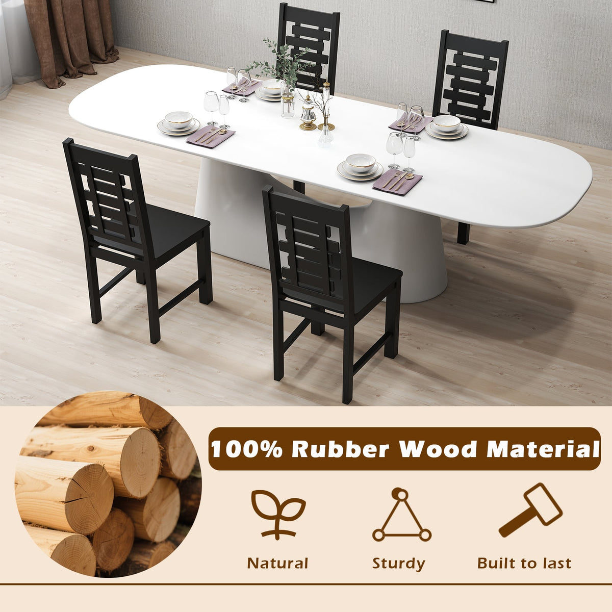Wooden Dining Chair Set of 2 Solid Rubber Wood Kitchen Chairs-Black-Dining Chairs-DECOROLALA