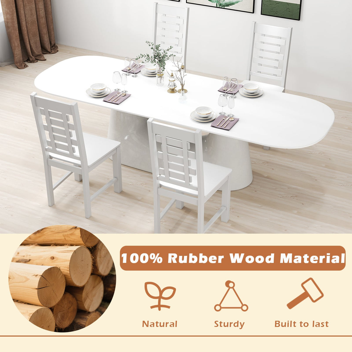 Wooden Dining Chair Set of 2 Solid Rubber Wood Kitchen Chairs-White-Dining Chairs-DECOROLALA