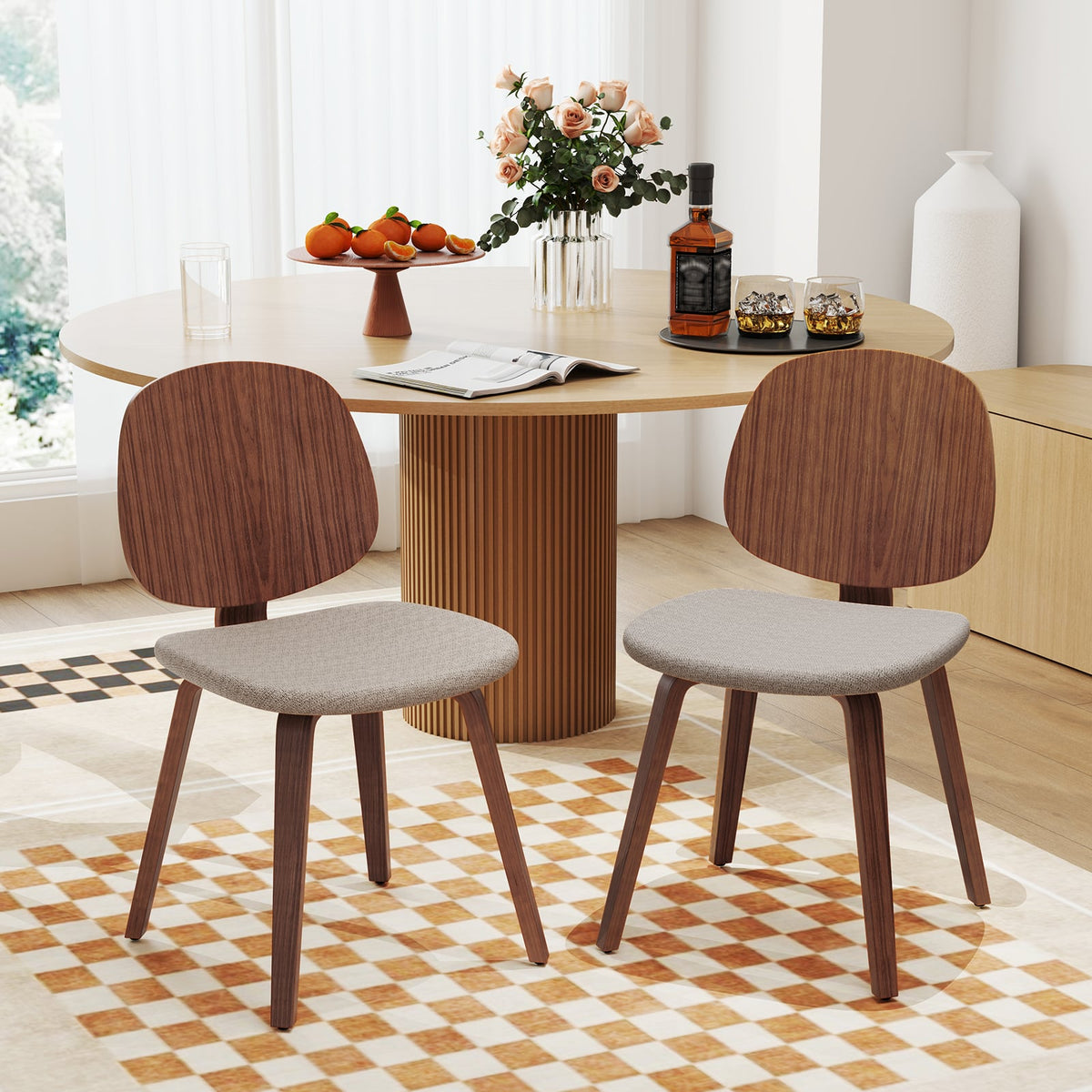 Wooden Dining Chair Set of 2 with Bentwood Frame and Padded Seat-Walnut-Dining Chairs-DECOROLALA