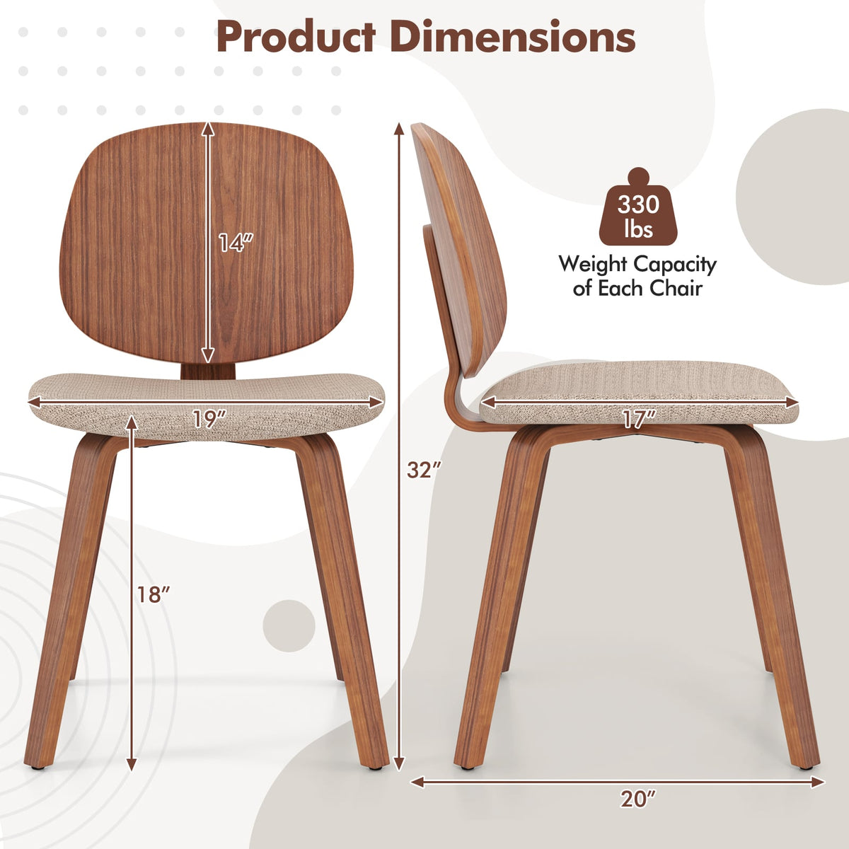 Wooden Dining Chair Set of 2 with Bentwood Frame and Padded Seat-Walnut-Dining Chairs-DECOROLALA