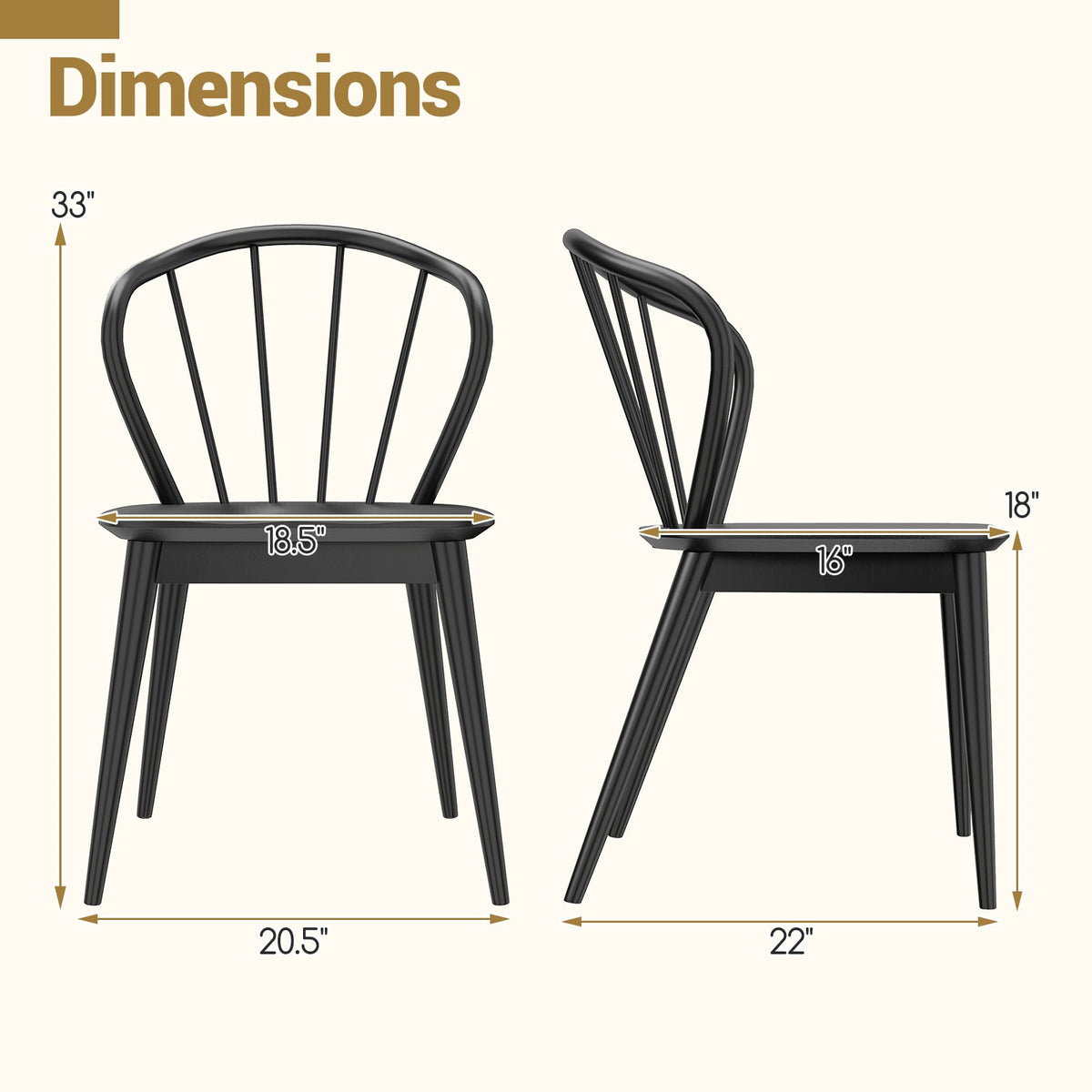 Wooden Dining Chair Set of 2 with High Spindle Back and Wide Seat-Black-Dining Chairs-DECOROLALA