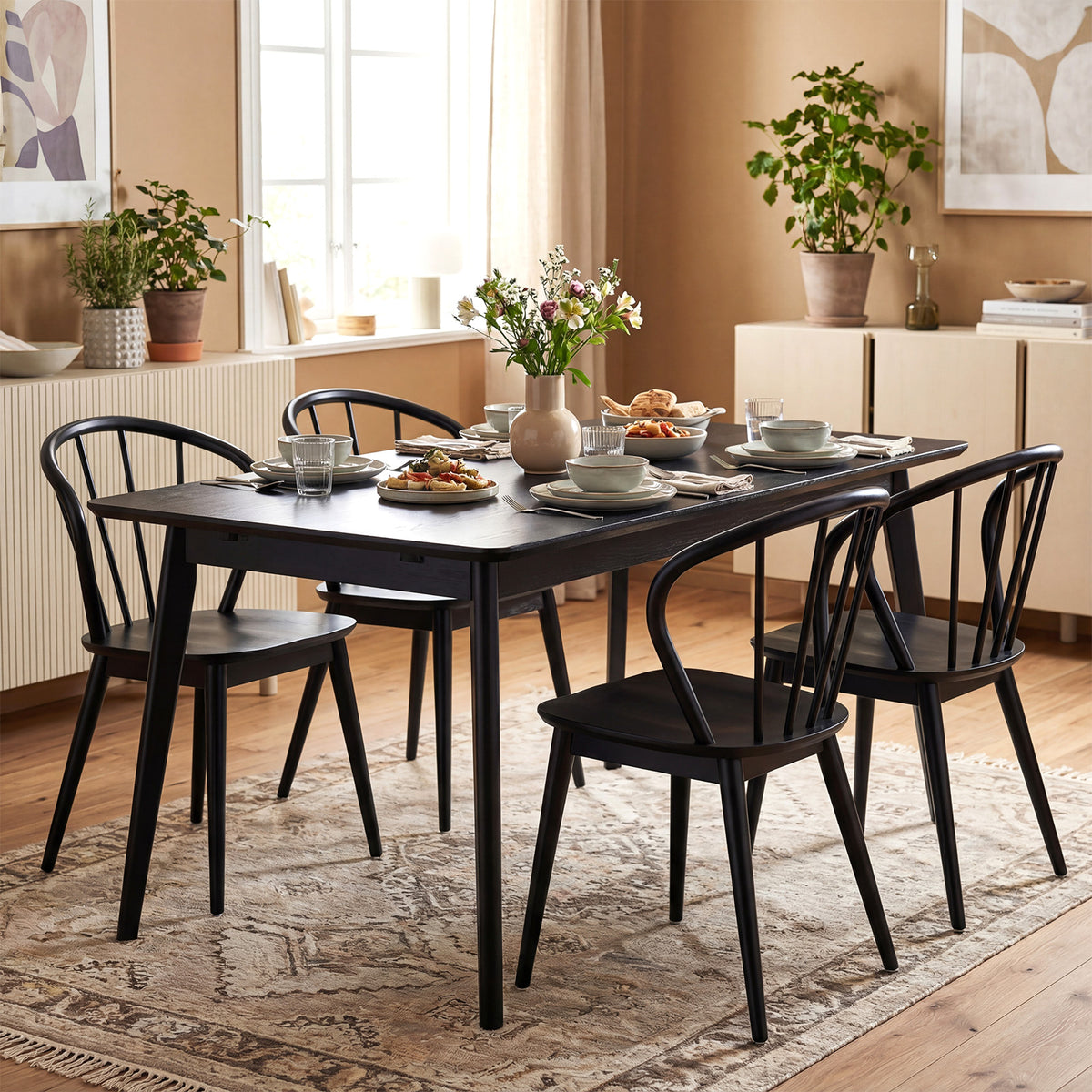 Wooden Dining Chair Set of 2 with High Spindle Back and Wide Seat-Black-Dining Chairs-DECOROLALA
