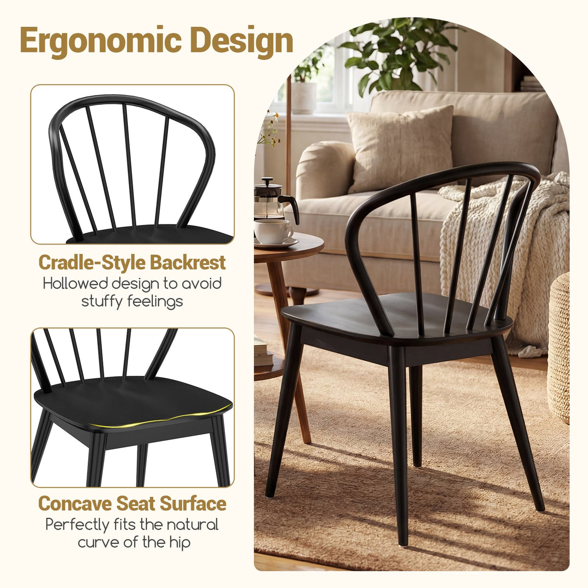 Wooden Dining Chair Set of 2 with High Spindle Back and Wide Seat-Black-Dining Chairs-DECOROLALA