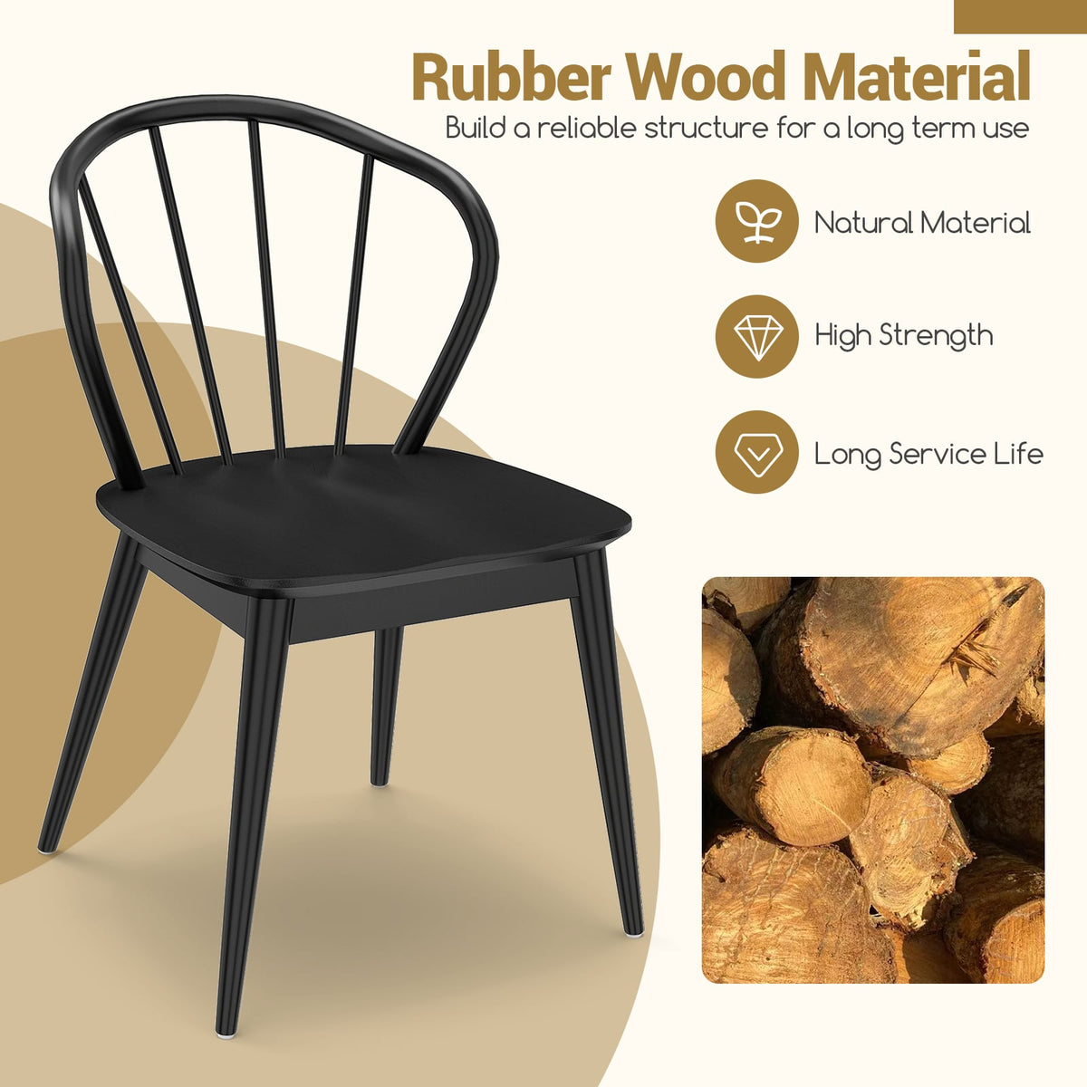 Wooden Dining Chair Set of 2 with High Spindle Back and Wide Seat-Black-Dining Chairs-DECOROLALA