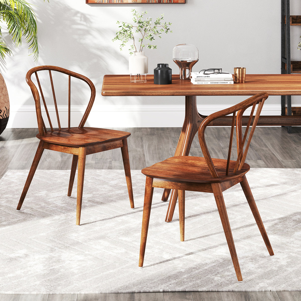 Wooden Dining Chair Set of 2 with High Spindle Back and Wide Seat-Walnut-Dining Chairs-DECOROLALA