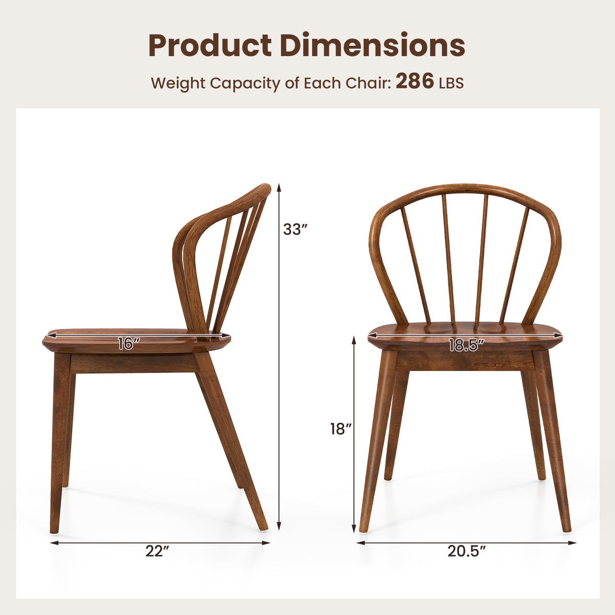 Wooden Dining Chair Set of 2 with High Spindle Back and Wide Seat-Walnut-Dining Chairs-DECOROLALA