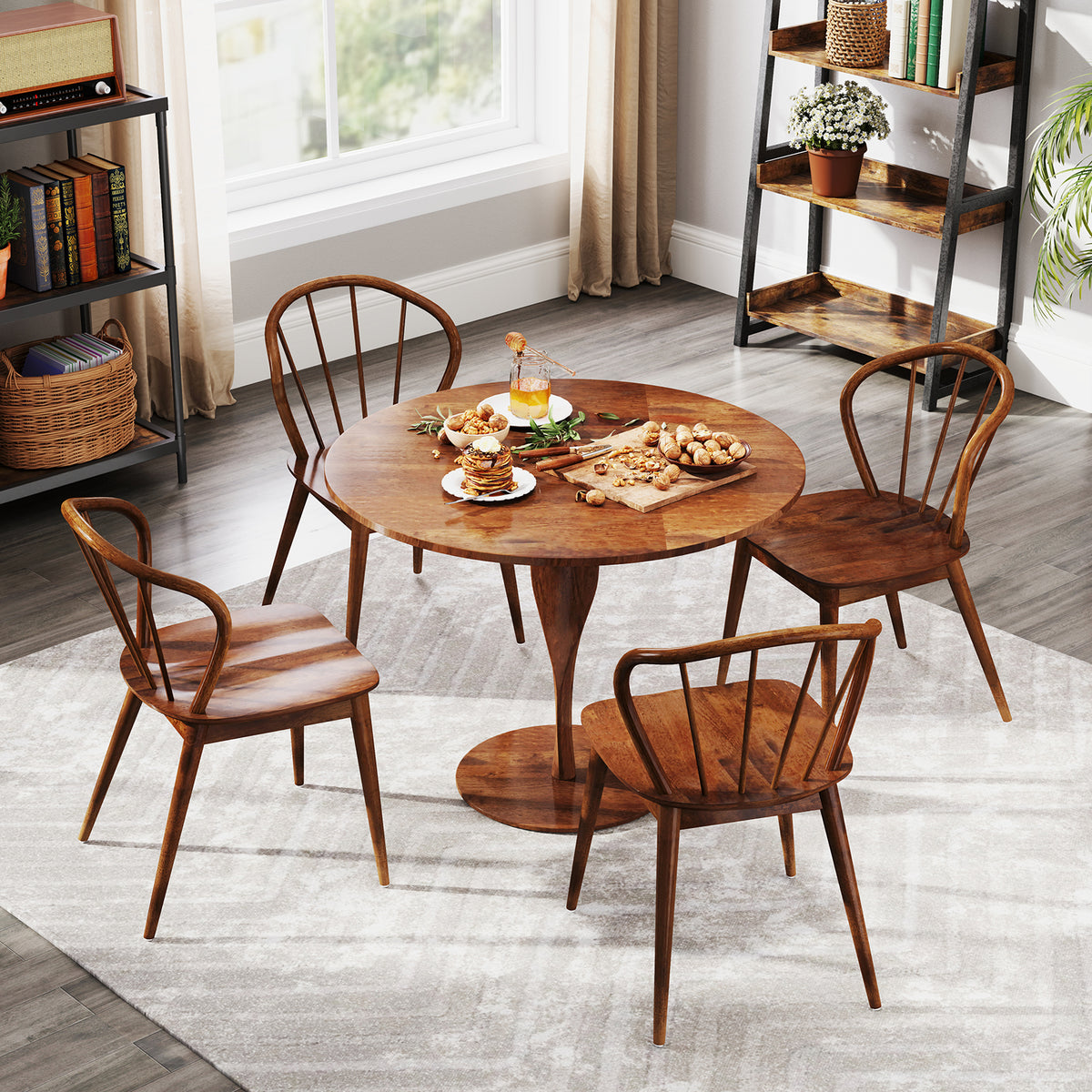 Wooden Dining Chair Set of 2 with High Spindle Back and Wide Seat-Walnut-Dining Chairs-DECOROLALA