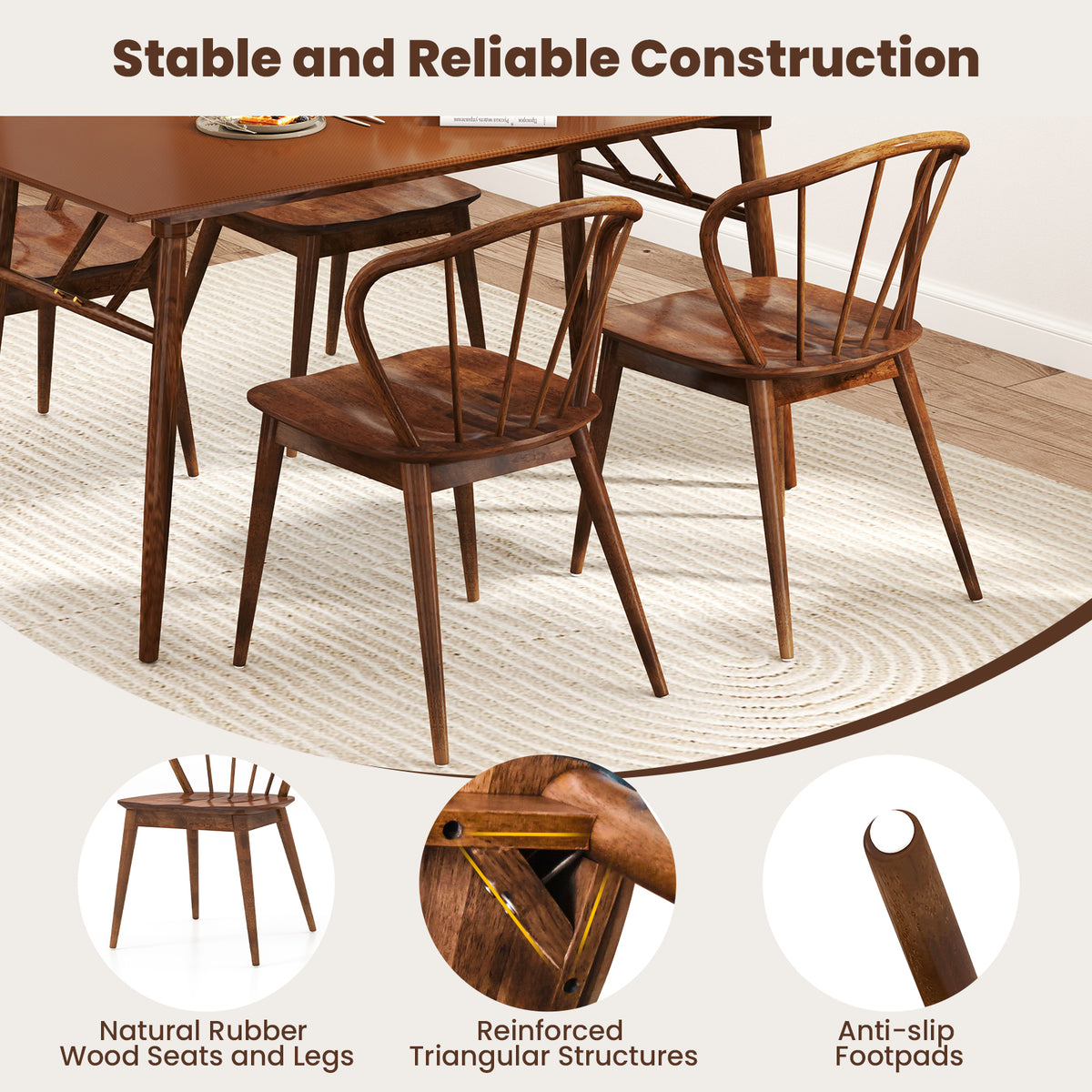 Wooden Dining Chair Set of 2 with High Spindle Back and Wide Seat-Walnut-Dining Chairs-DECOROLALA