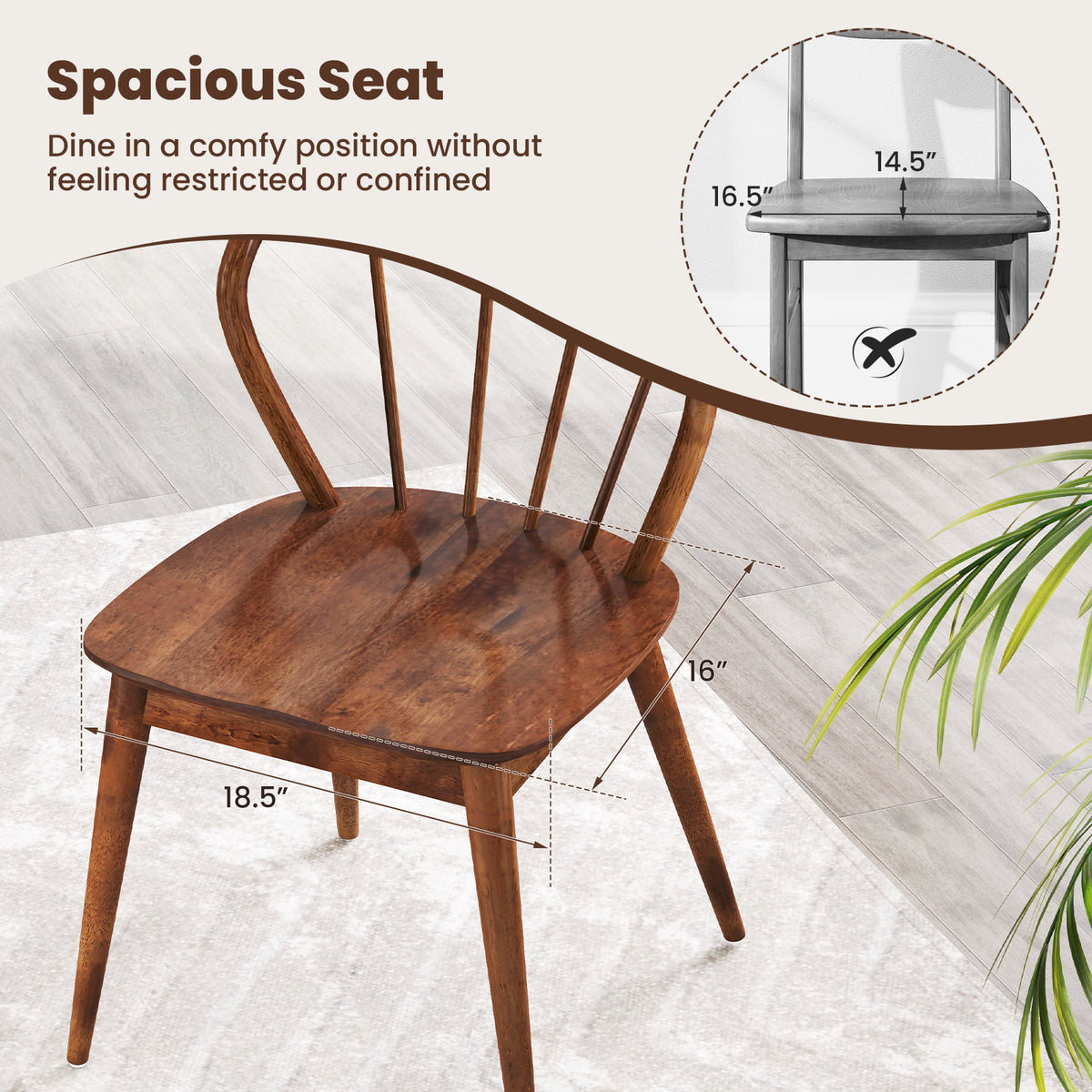 Wooden Dining Chair Set of 2 with High Spindle Back and Wide Seat-Walnut-Dining Chairs-DECOROLALA