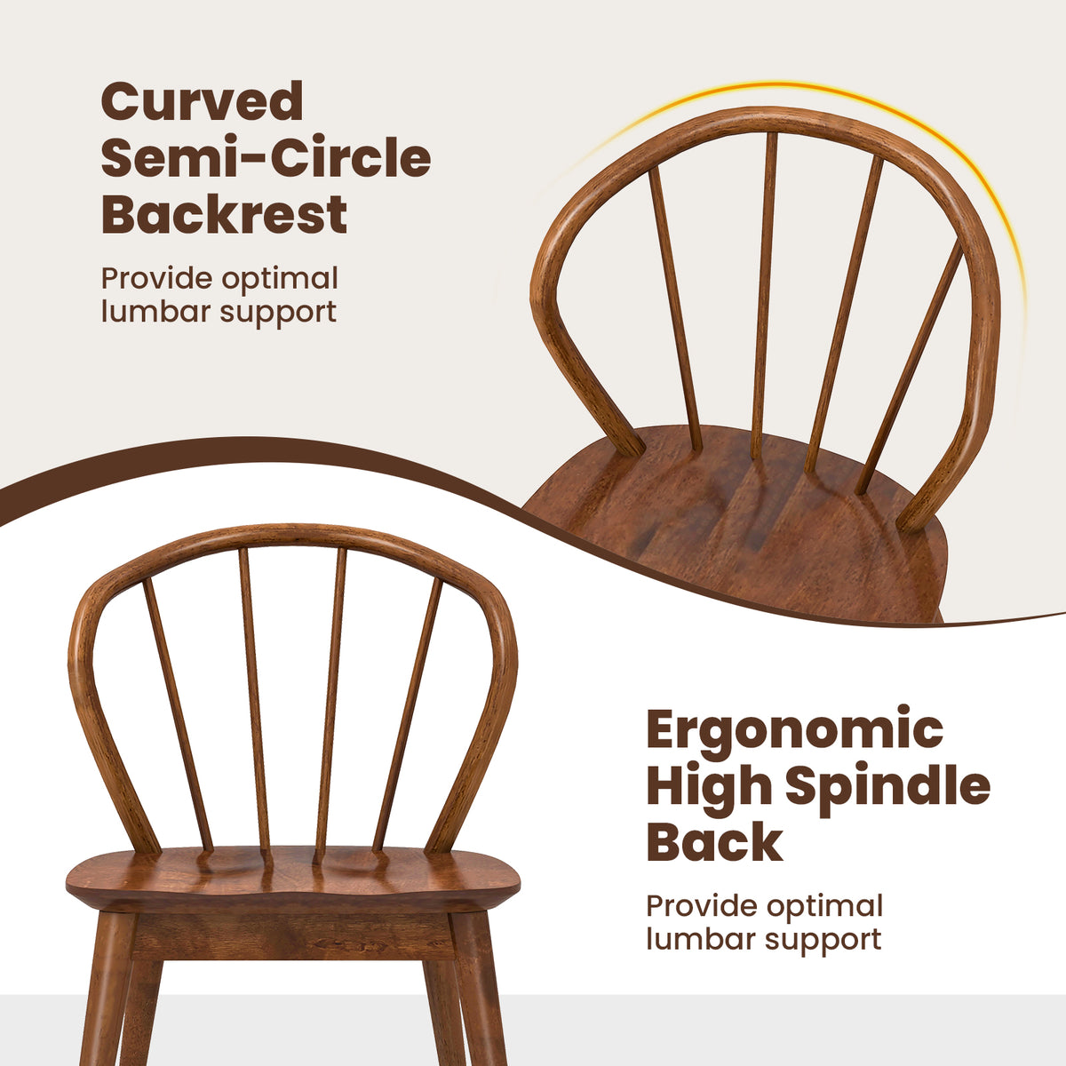 Wooden Dining Chair Set of 2 with High Spindle Back and Wide Seat-Walnut-Dining Chairs-DECOROLALA