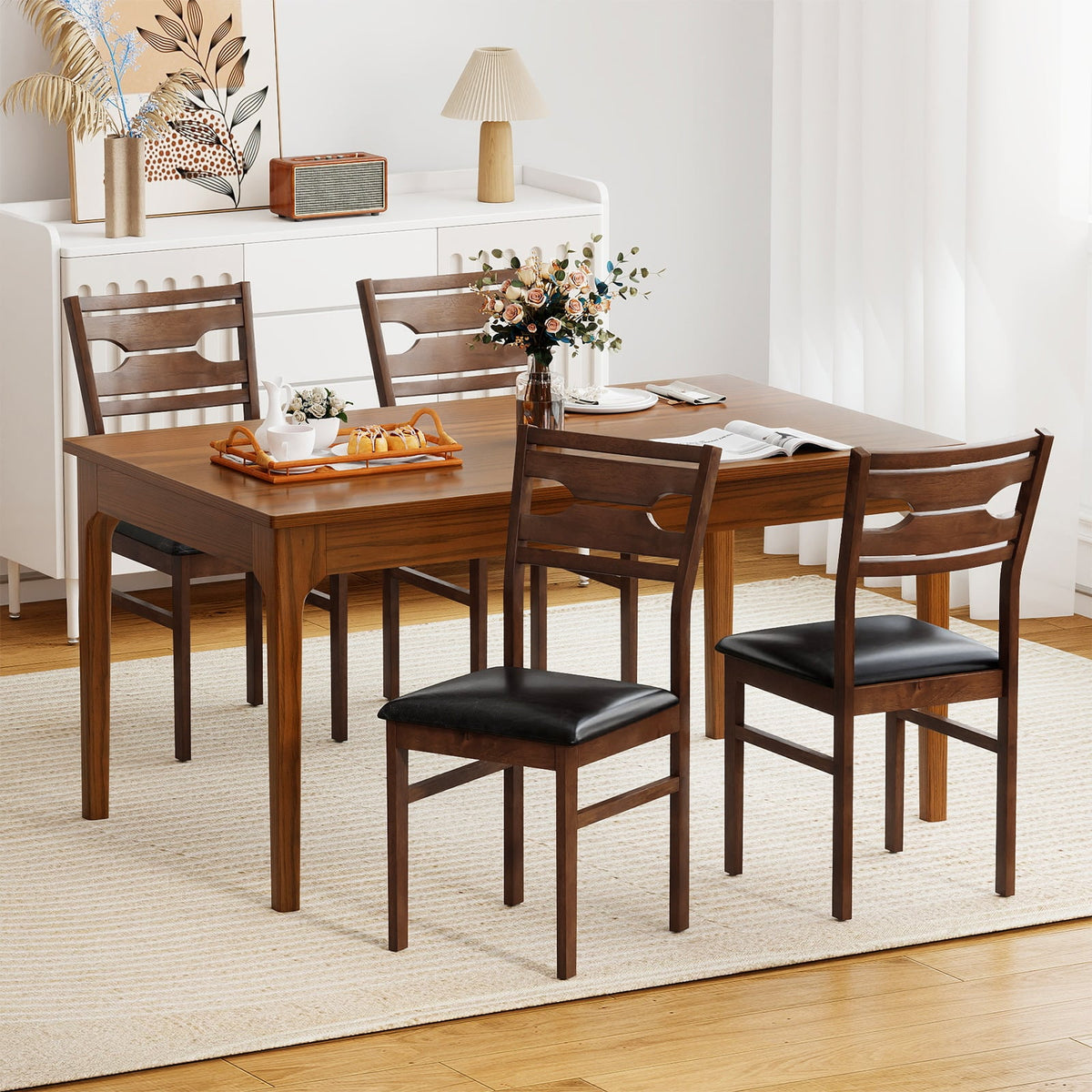 Wooden Dining Chair Set of 2 with PU Leather Padded Seat and Rubber Wood Frame-Walnut-Dining Chairs-DECOROLALA