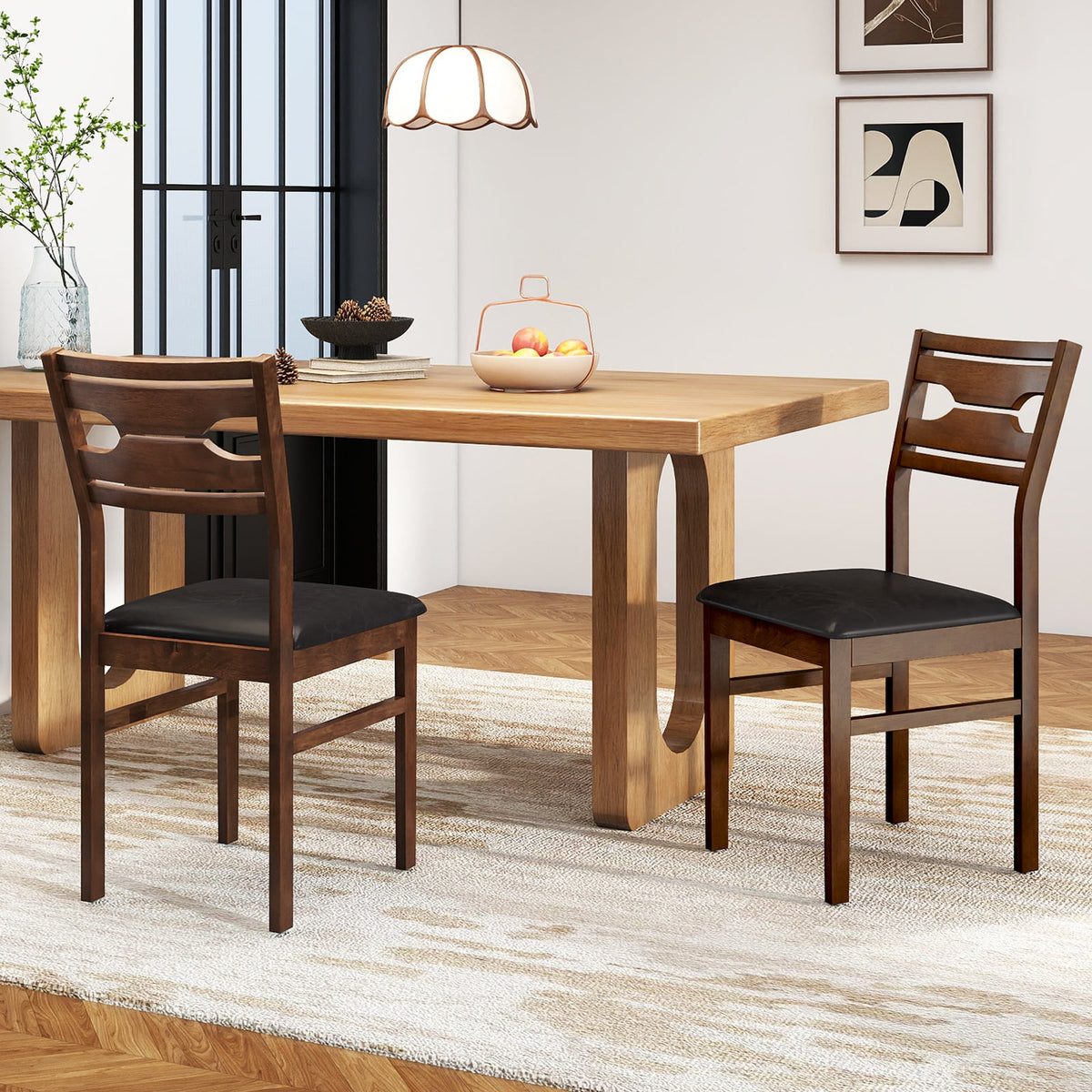 Wooden Dining Chair Set of 2 with PU Leather Padded Seat and Rubber Wood Frame-Walnut-Dining Chairs-DECOROLALA