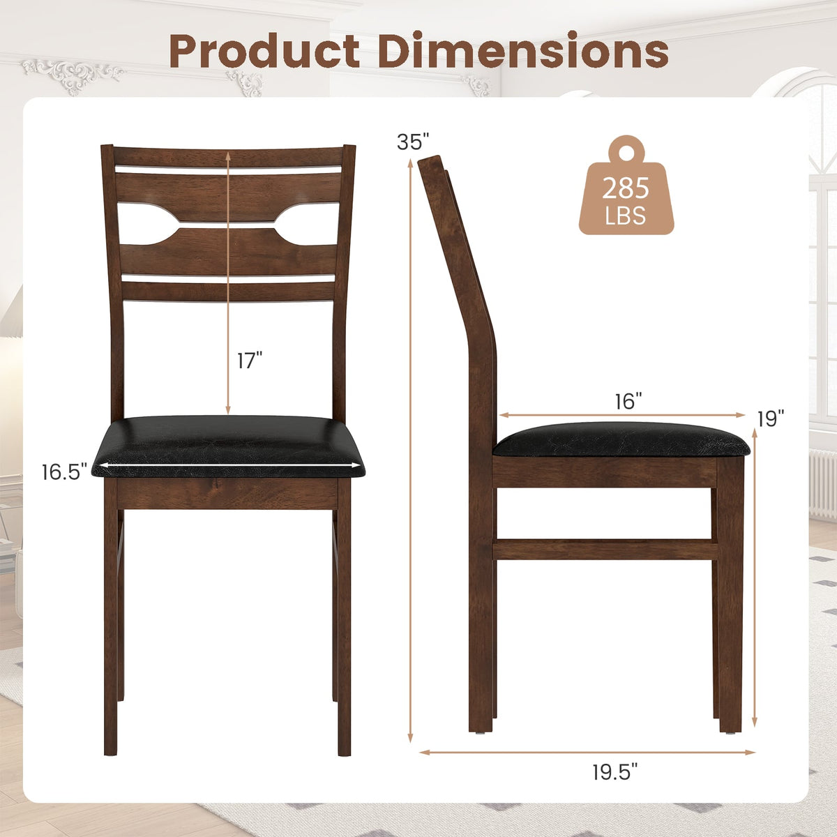 Wooden Dining Chair Set of 2 with PU Leather Padded Seat and Rubber Wood Frame-Walnut-Dining Chairs-DECOROLALA