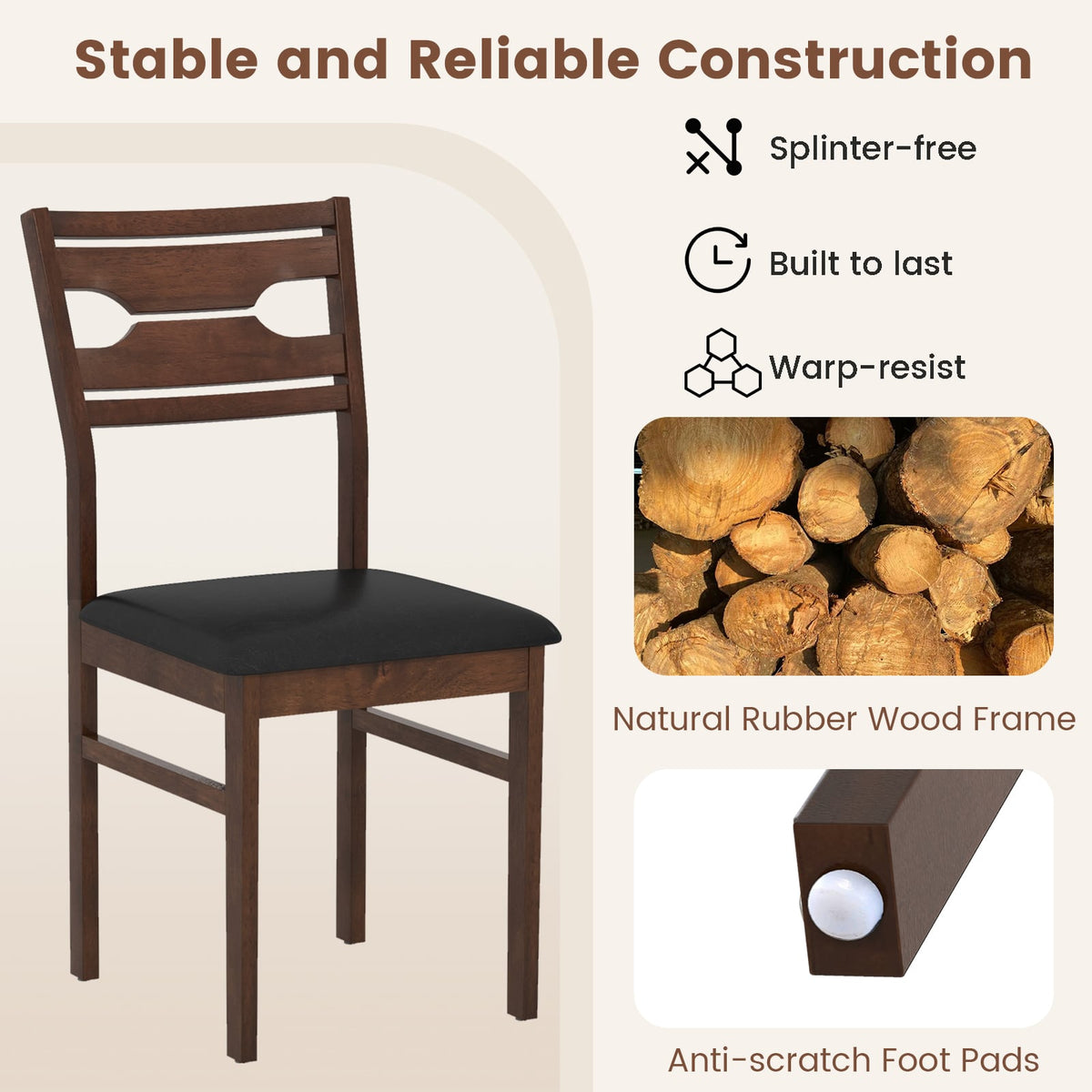 Wooden Dining Chair Set of 2 with PU Leather Padded Seat and Rubber Wood Frame-Walnut-Dining Chairs-DECOROLALA